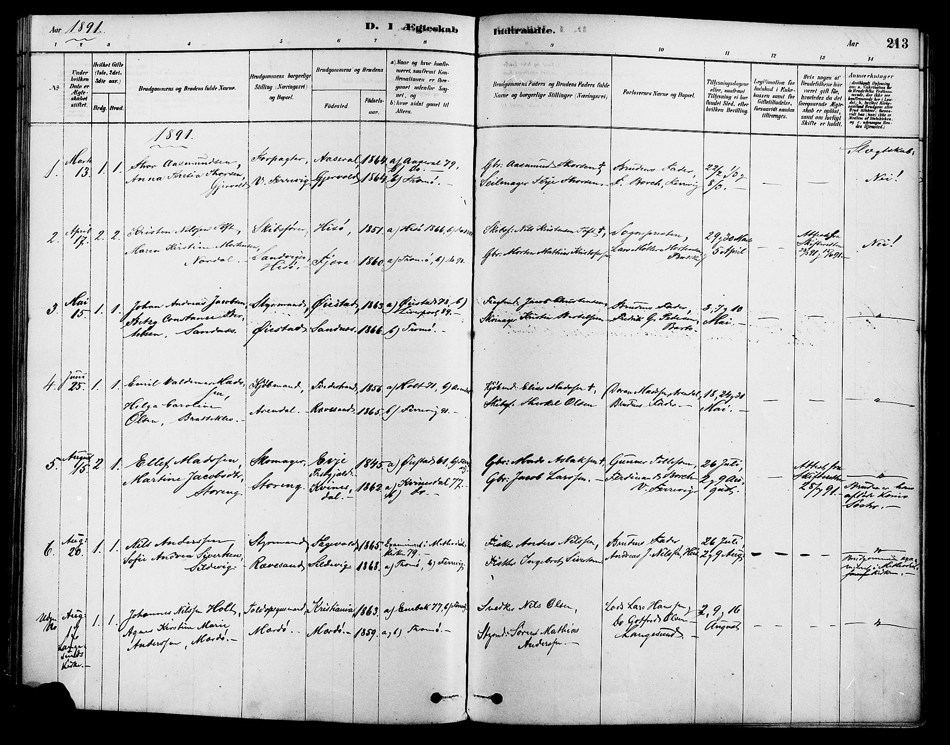 Tromøy sokneprestkontor, AV/SAK-1111-0041/F/Fa/L0009: Parish register (official) no. A 9, 1878-1896, p. 213