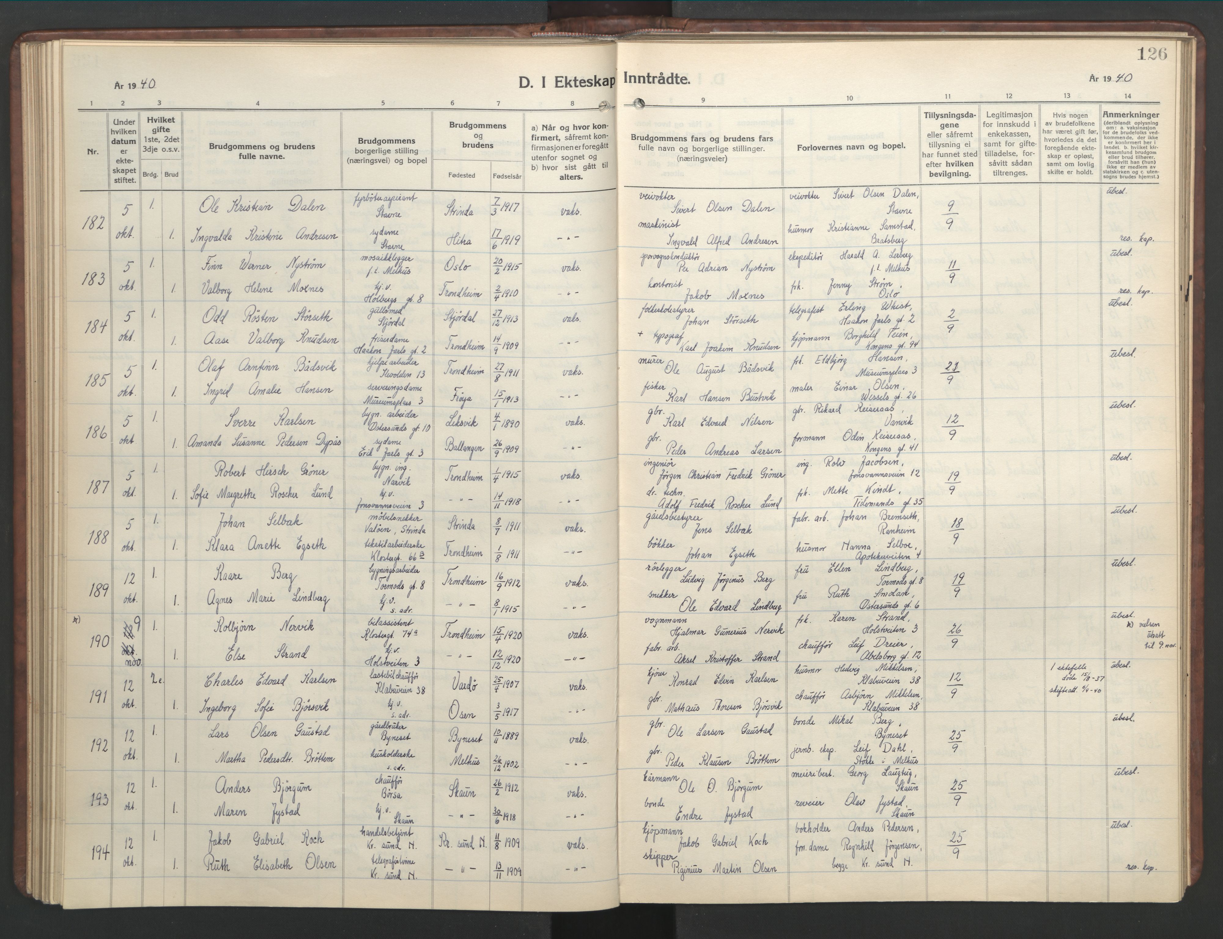 Ministerialprotokoller, klokkerbøker og fødselsregistre - Sør-Trøndelag, SAT/A-1456/601/L0101: Parish register (copy) no. 601C19, 1935-1946, p. 126