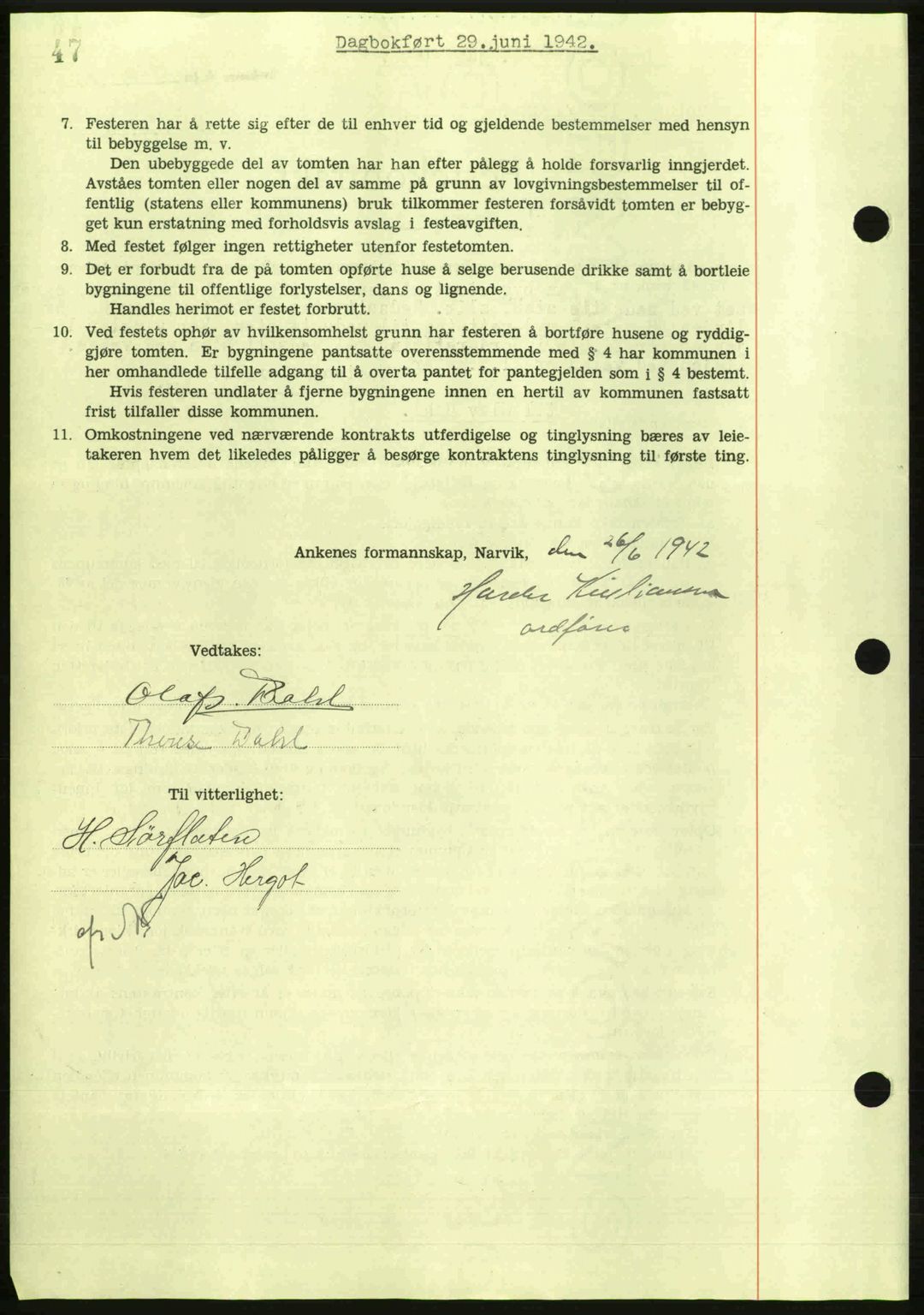 Steigen og Ofoten sorenskriveri, AV/SAT-A-0030/1/2/2C: Mortgage book no. A9-12, 1942-1946, Diary no: : 1395/1942