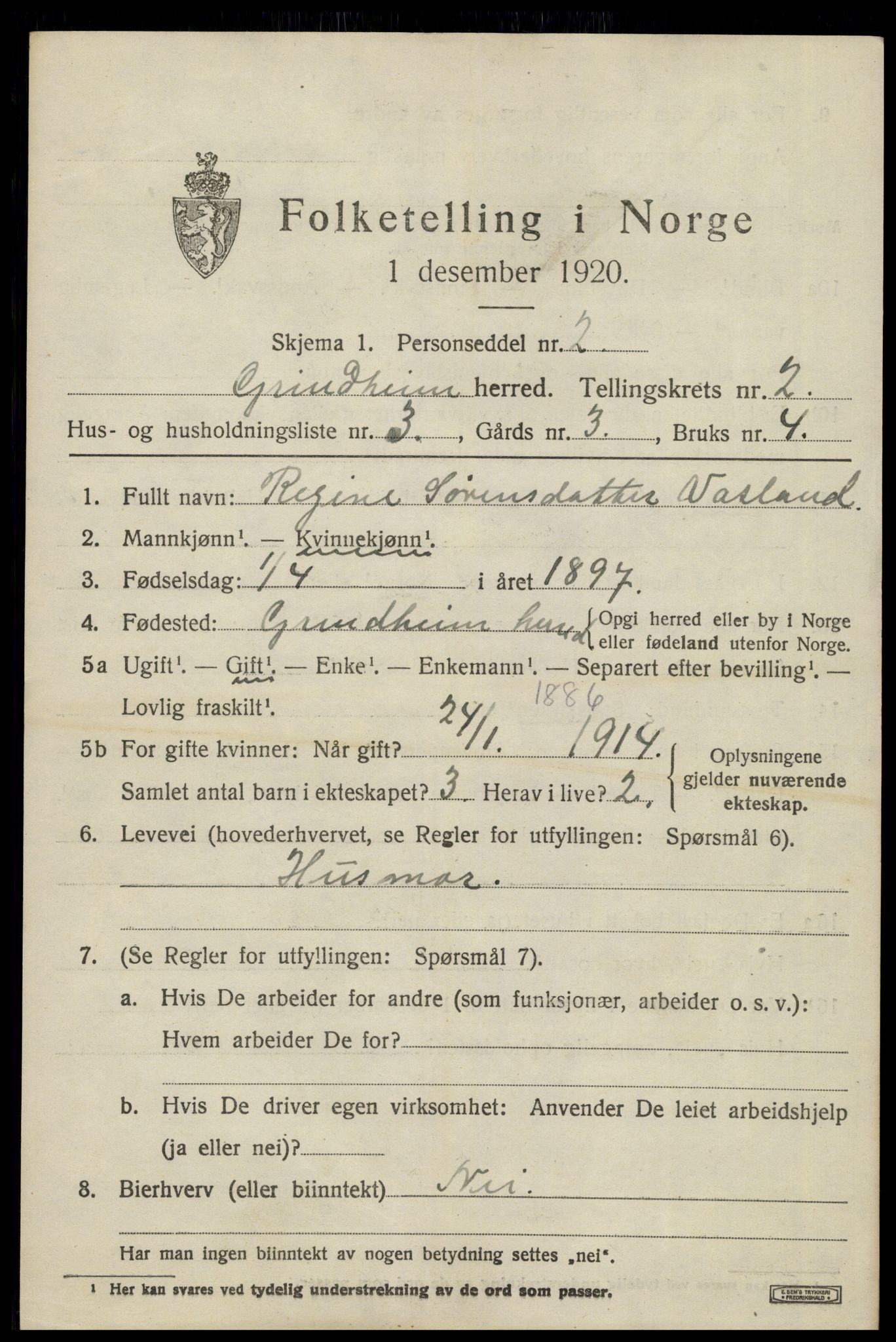 SAK, 1920 census for Grindheim, 1920, p. 579