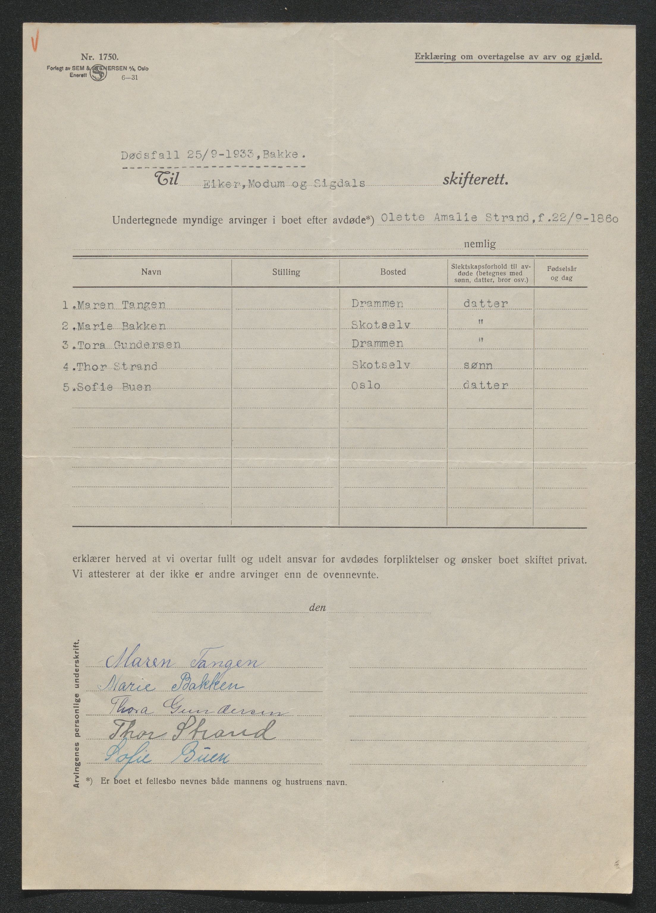 Eiker, Modum og Sigdal sorenskriveri, AV/SAKO-A-123/H/Ha/Hab/L0048: Dødsfallsmeldinger, 1933, p. 730