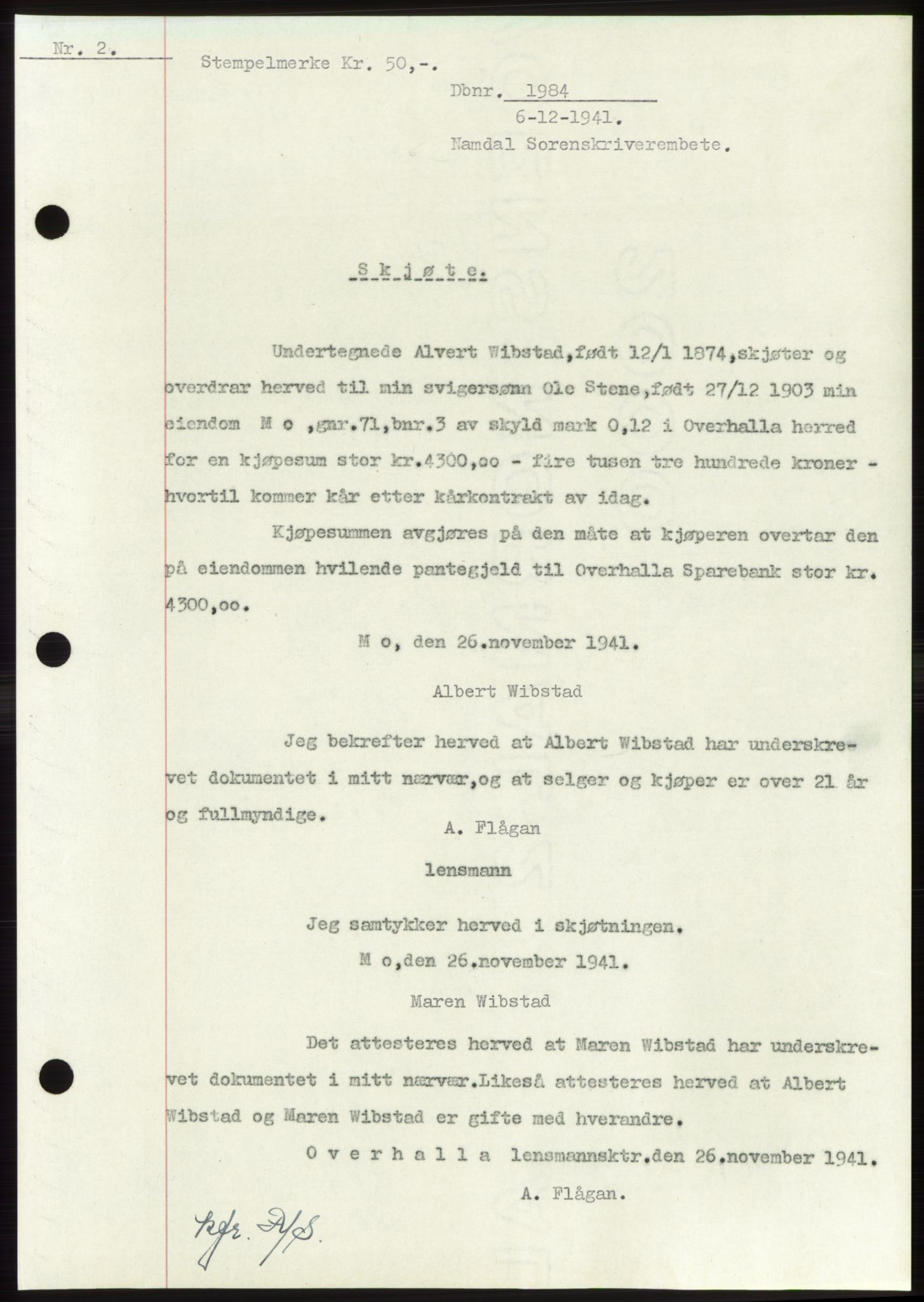 Namdal sorenskriveri, SAT/A-4133/1/2/2C: Mortgage book no. -, 1941-1942, Diary no: : 1984/1941
