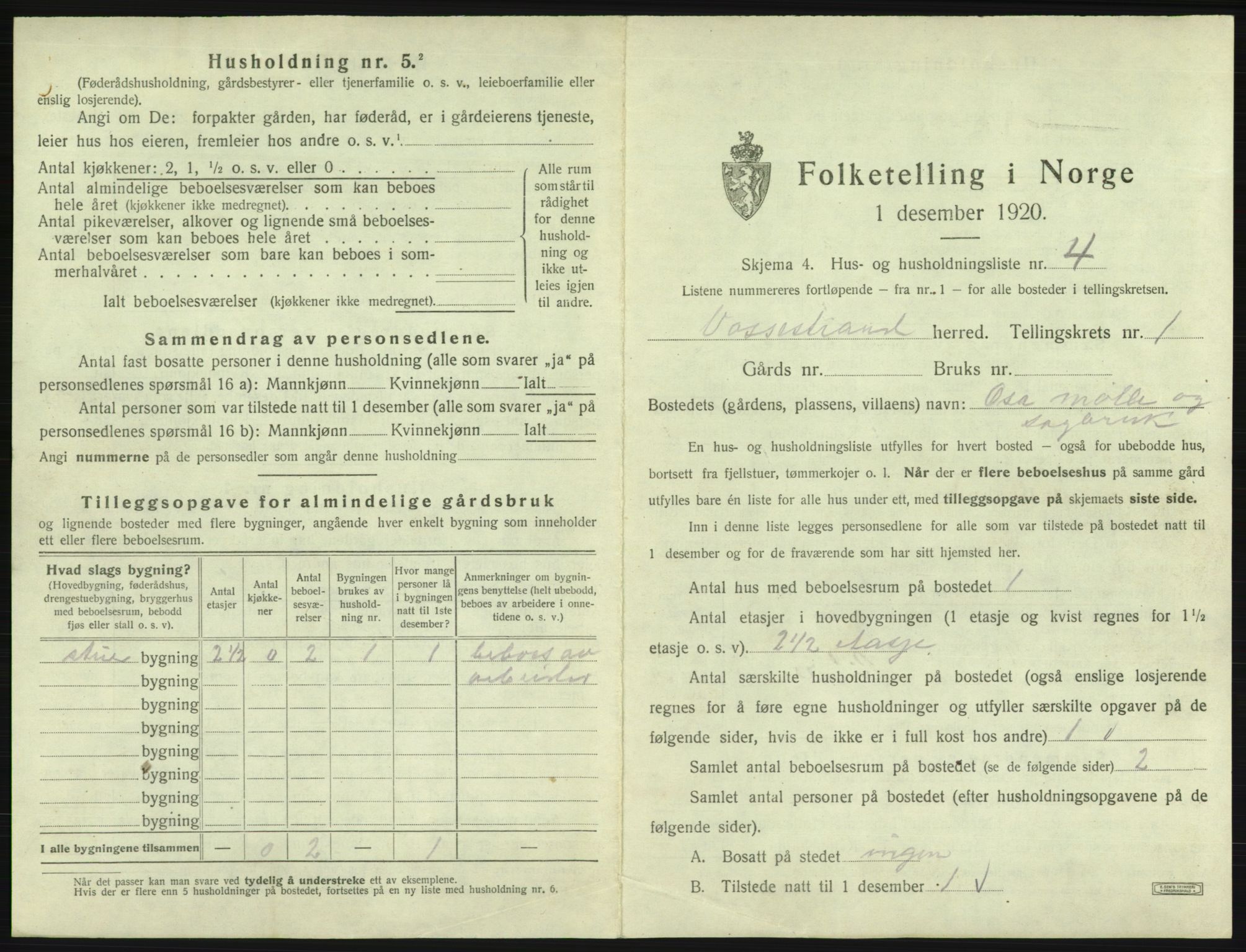 SAB, 1920 census for Vossestrand, 1920, p. 44