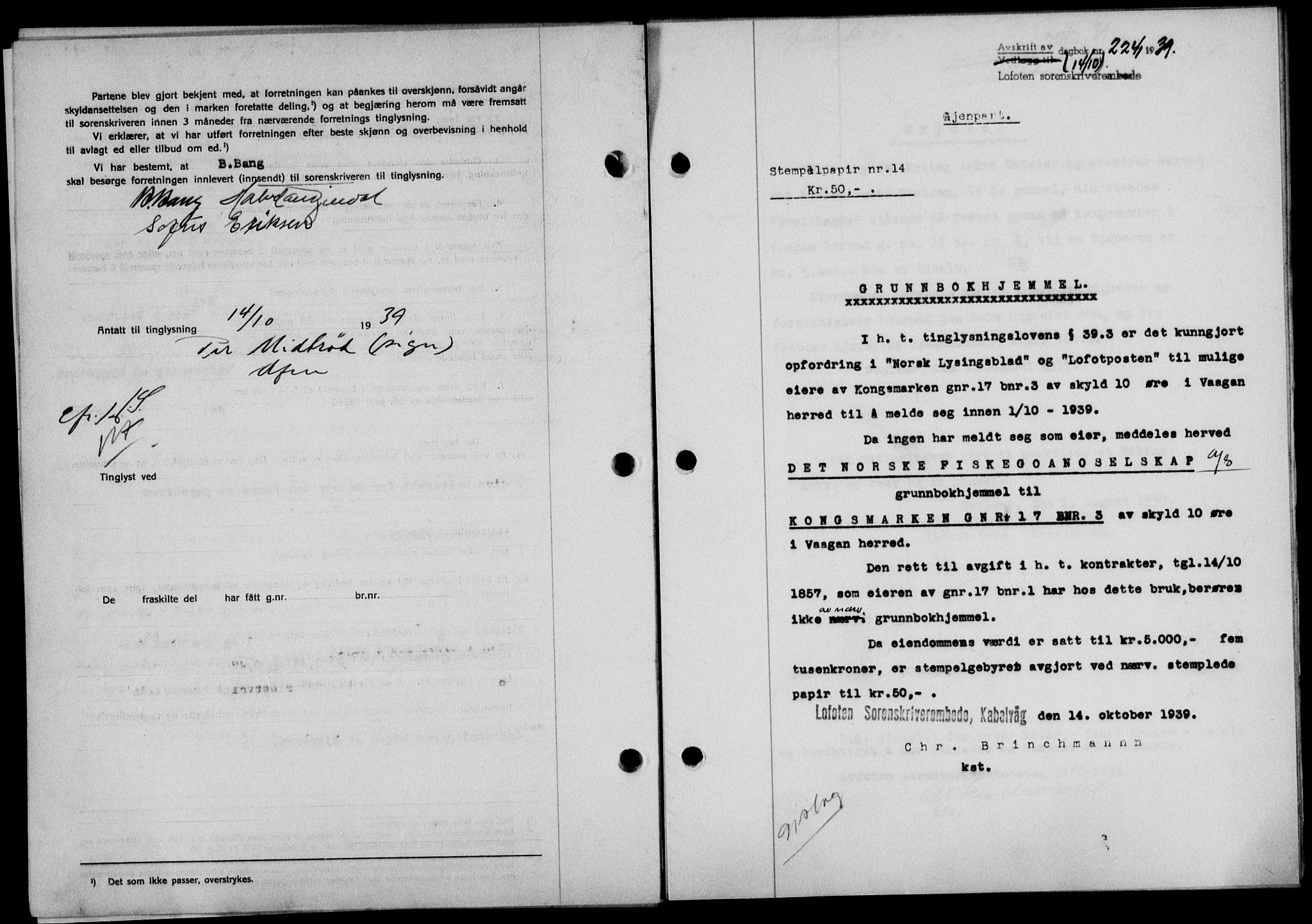 Lofoten sorenskriveri, SAT/A-0017/1/2/2C/L0006a: Mortgage book no. 6a, 1939-1939, Diary no: : 2241/1939