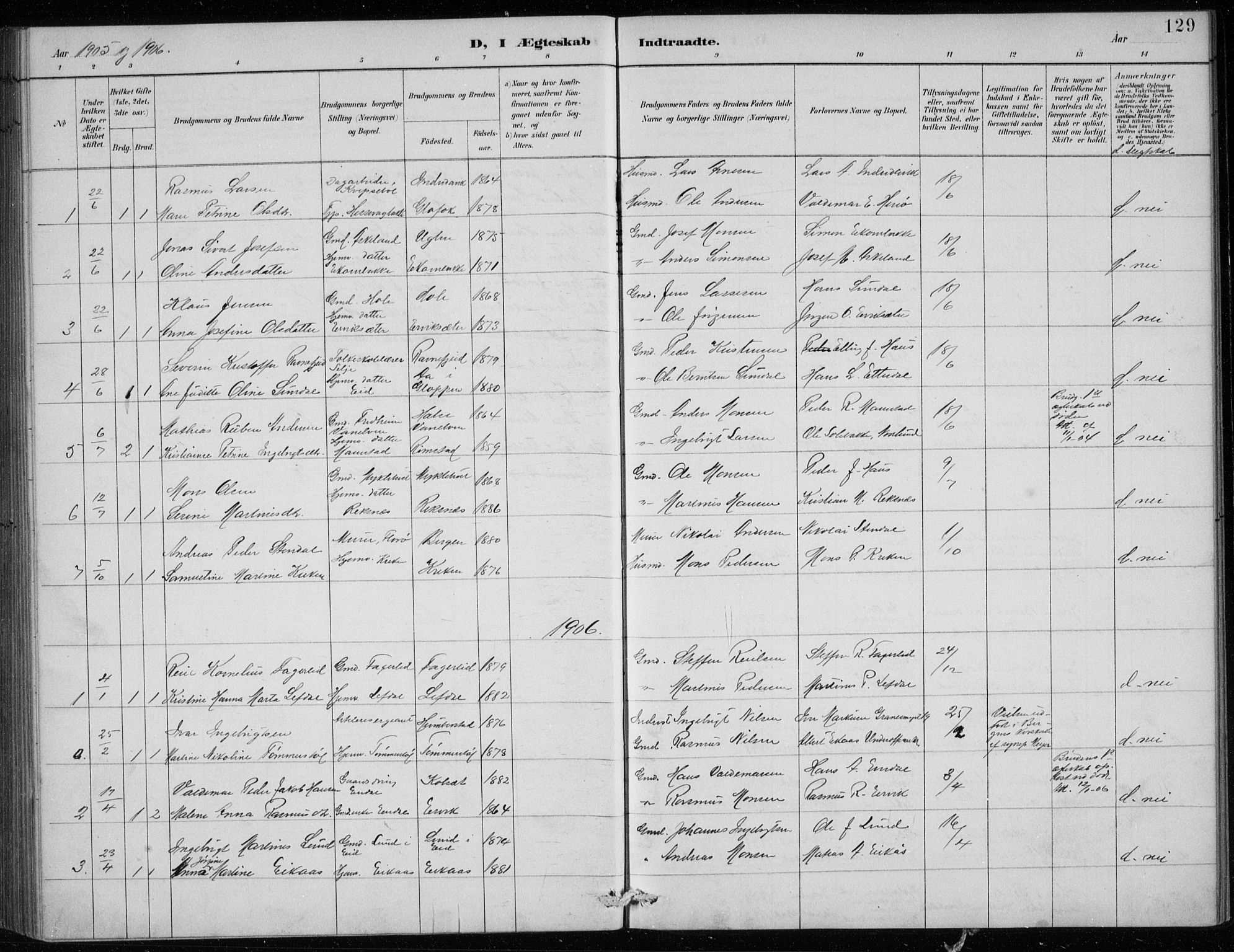 Davik sokneprestembete, AV/SAB-A-79701/H/Hab/Haba/L0002: Parish register (copy) no. A 2, 1890-1911, p. 129