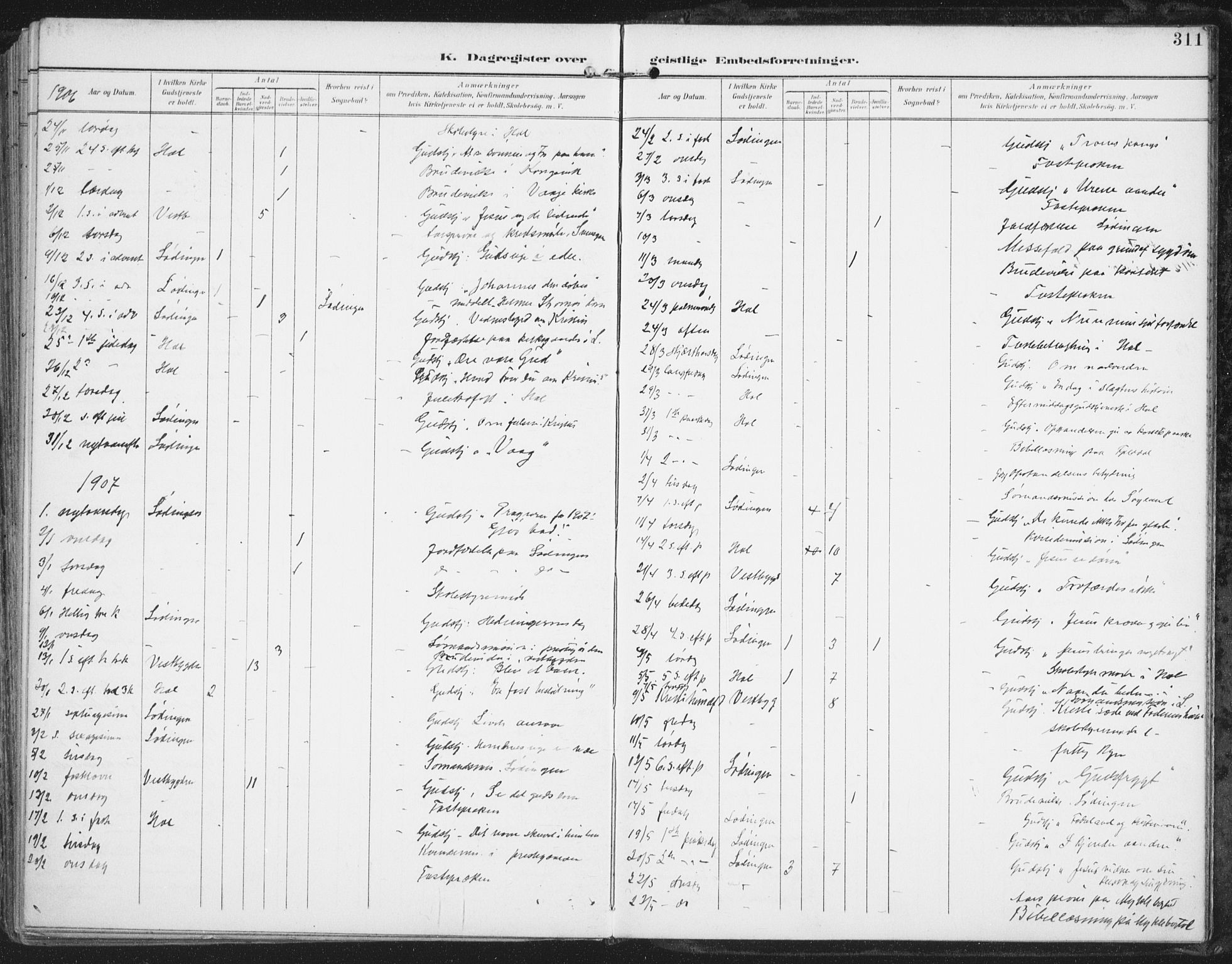 Ministerialprotokoller, klokkerbøker og fødselsregistre - Nordland, AV/SAT-A-1459/872/L1036: Parish register (official) no. 872A11, 1897-1913, p. 311