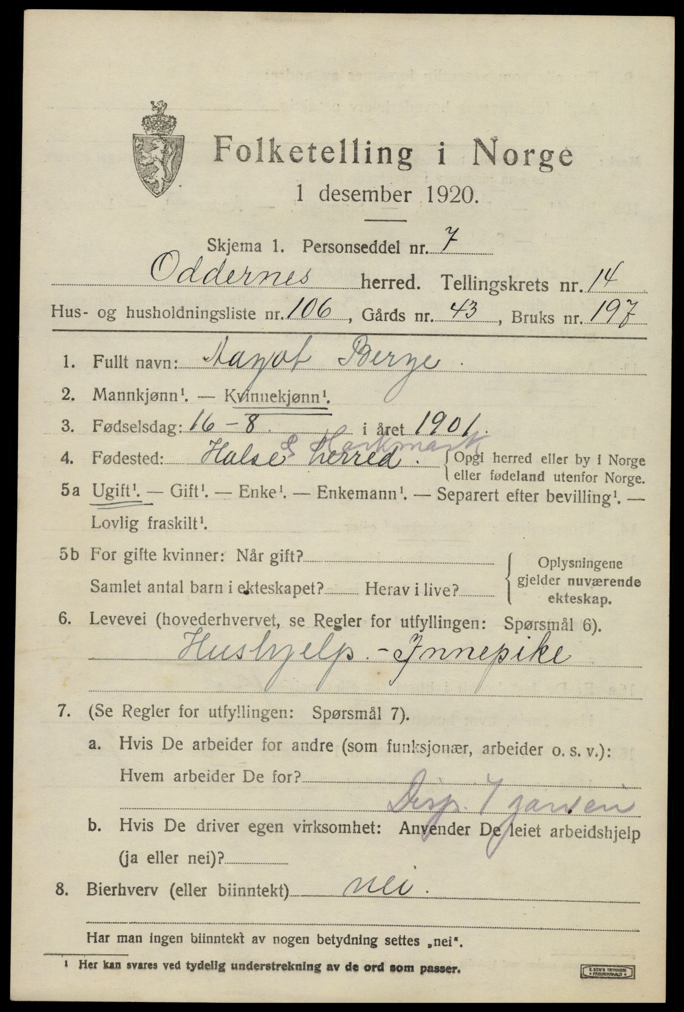 SAK, 1920 census for Oddernes, 1920, p. 9855