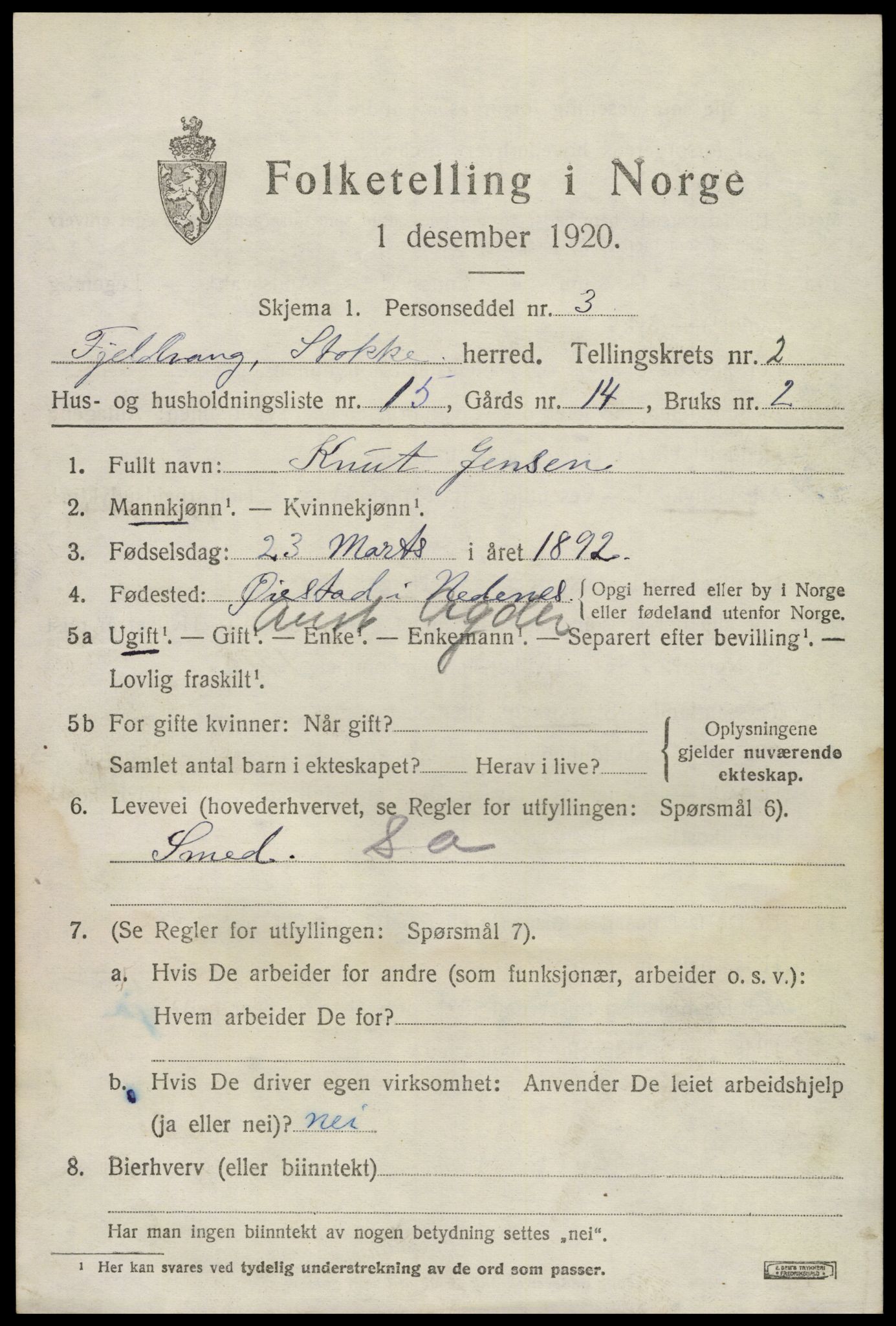 SAKO, 1920 census for Stokke, 1920, p. 3144