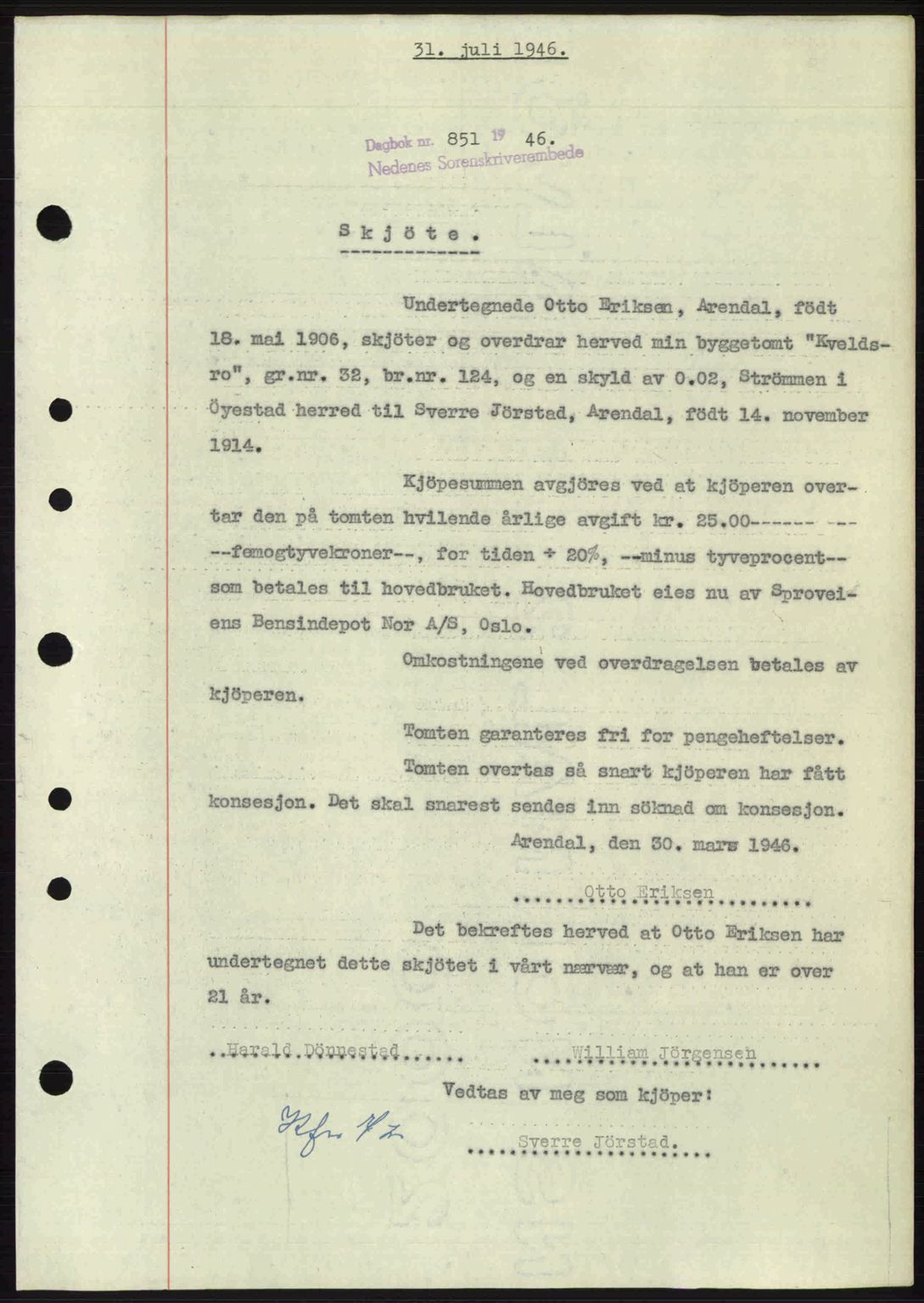 Nedenes sorenskriveri, SAK/1221-0006/G/Gb/Gba/L0055: Mortgage book no. A7, 1946-1946, Diary no: : 851/1946