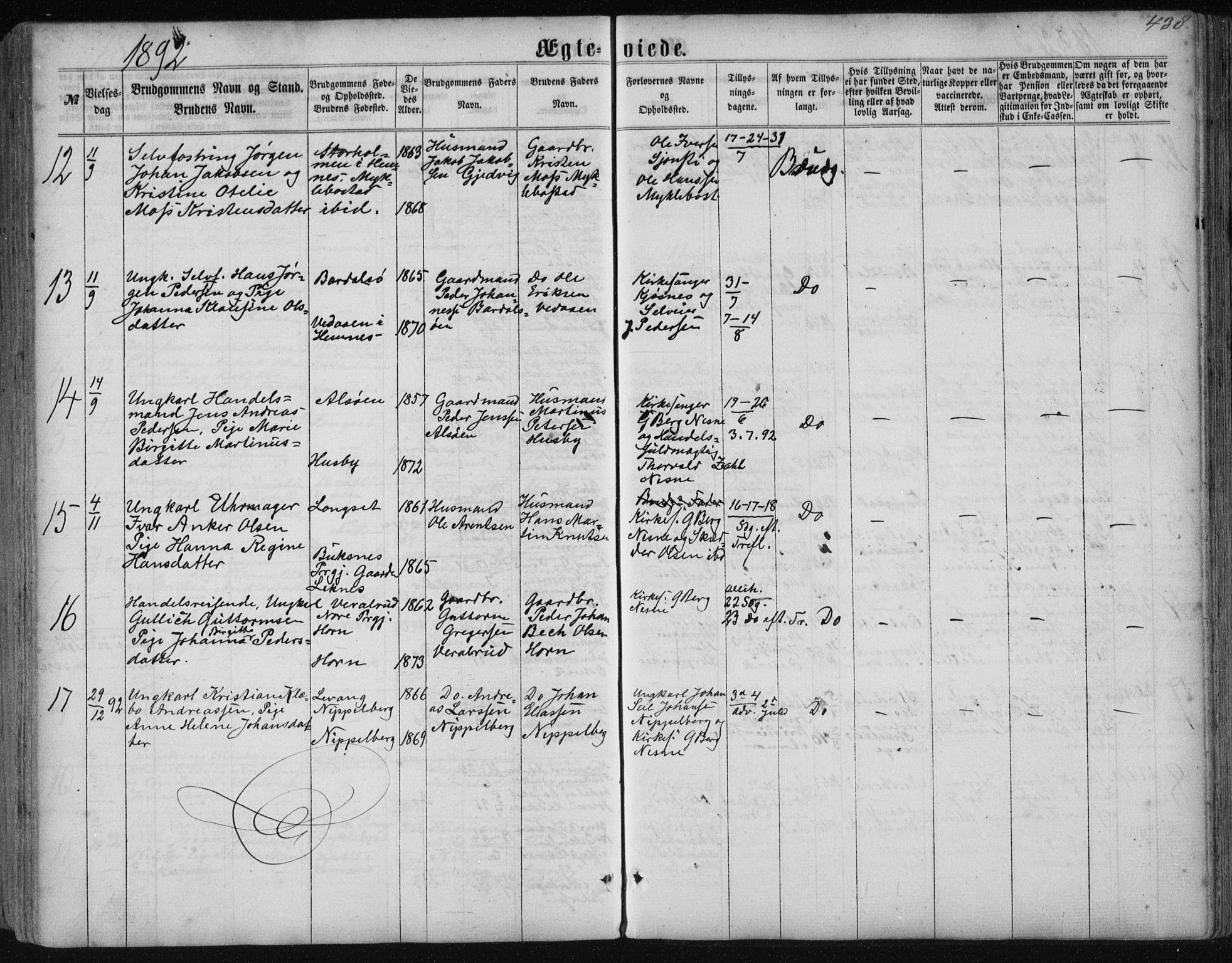 Ministerialprotokoller, klokkerbøker og fødselsregistre - Nordland, AV/SAT-A-1459/838/L0556: Parish register (copy) no. 838C03, 1861-1893, p. 438