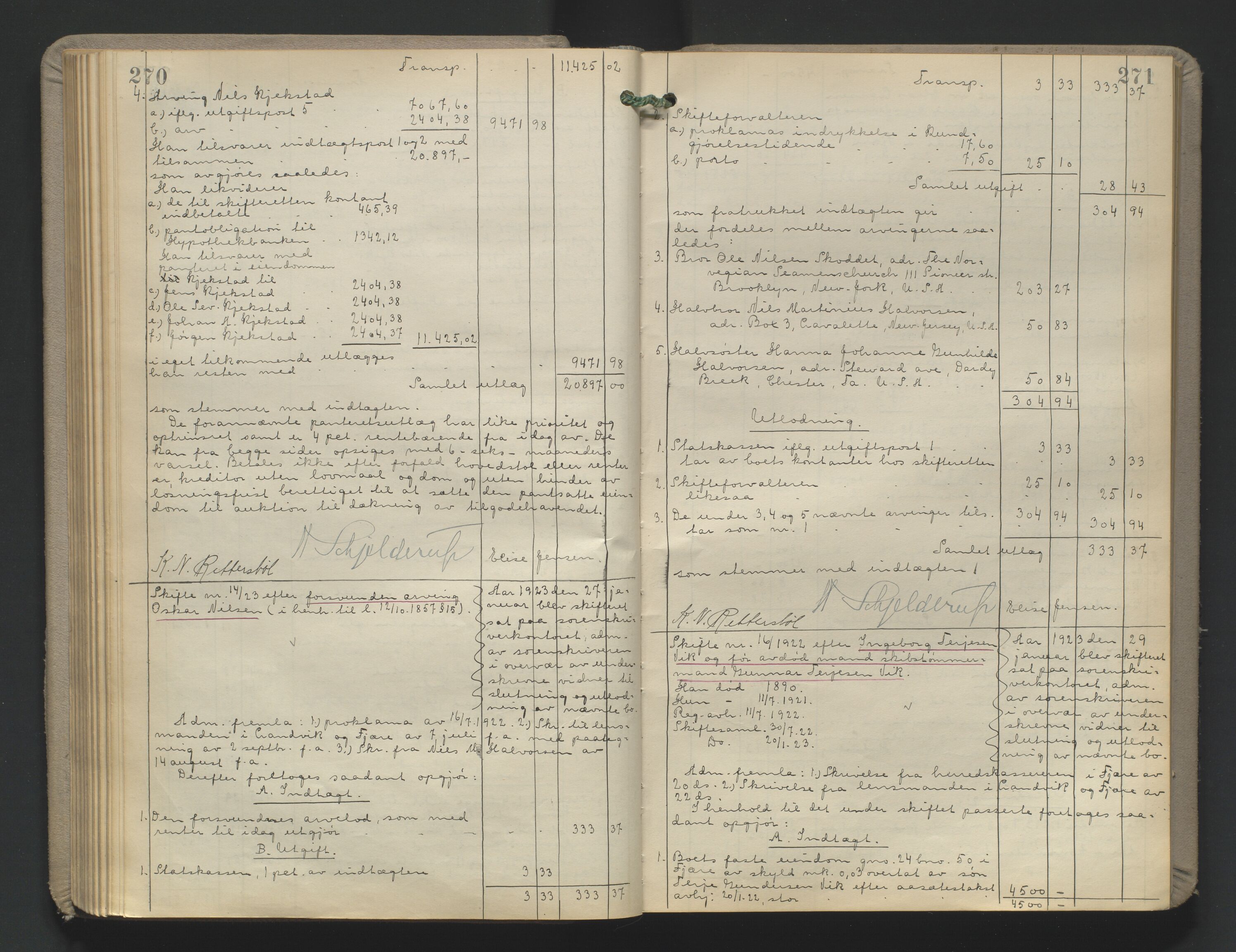 Vestre Nedenes/Sand sorenskriveri, AV/SAK-1221-0010/H/Hc/L0022: Skifteutlodningsprotokoll nr. 9, 1919-1932, p. 270-271