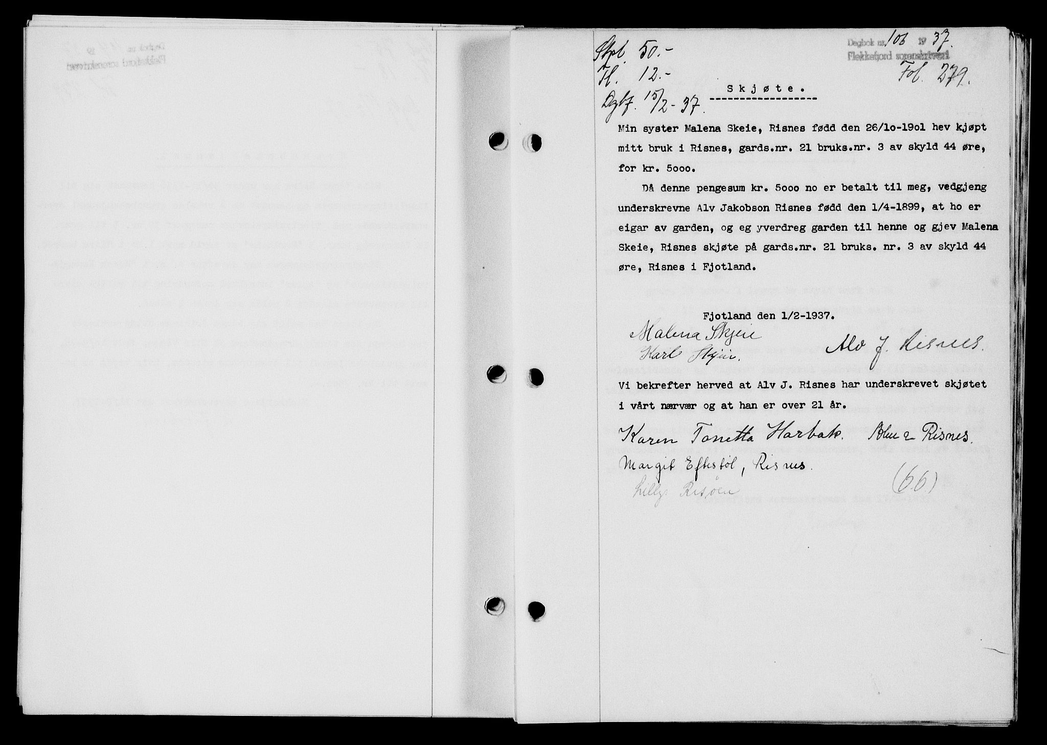 Flekkefjord sorenskriveri, SAK/1221-0001/G/Gb/Gba/L0053: Mortgage book no. A-1, 1936-1937, Diary no: : 106/1937