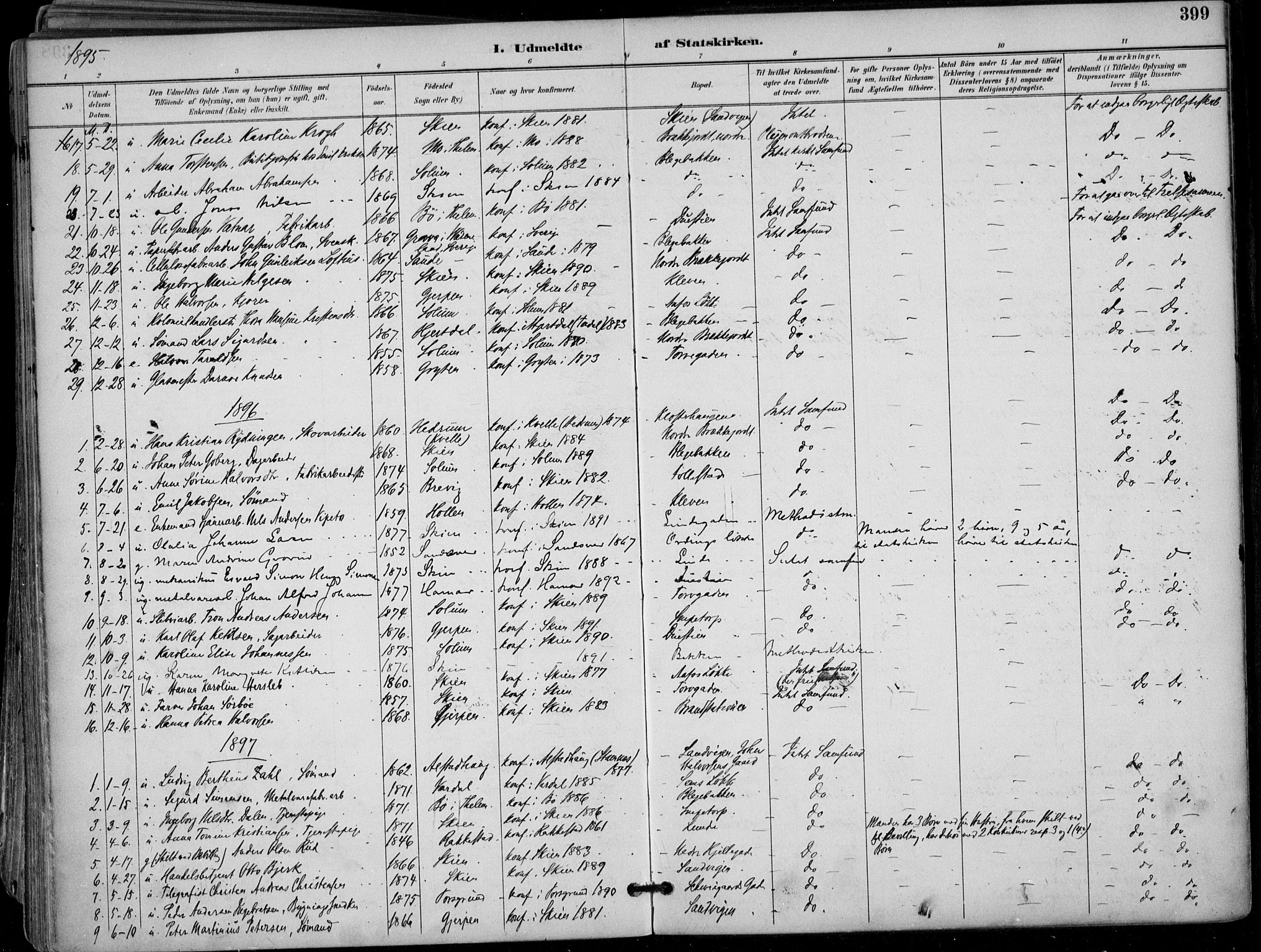 Skien kirkebøker, AV/SAKO-A-302/F/Fa/L0010: Parish register (official) no. 10, 1891-1899, p. 399