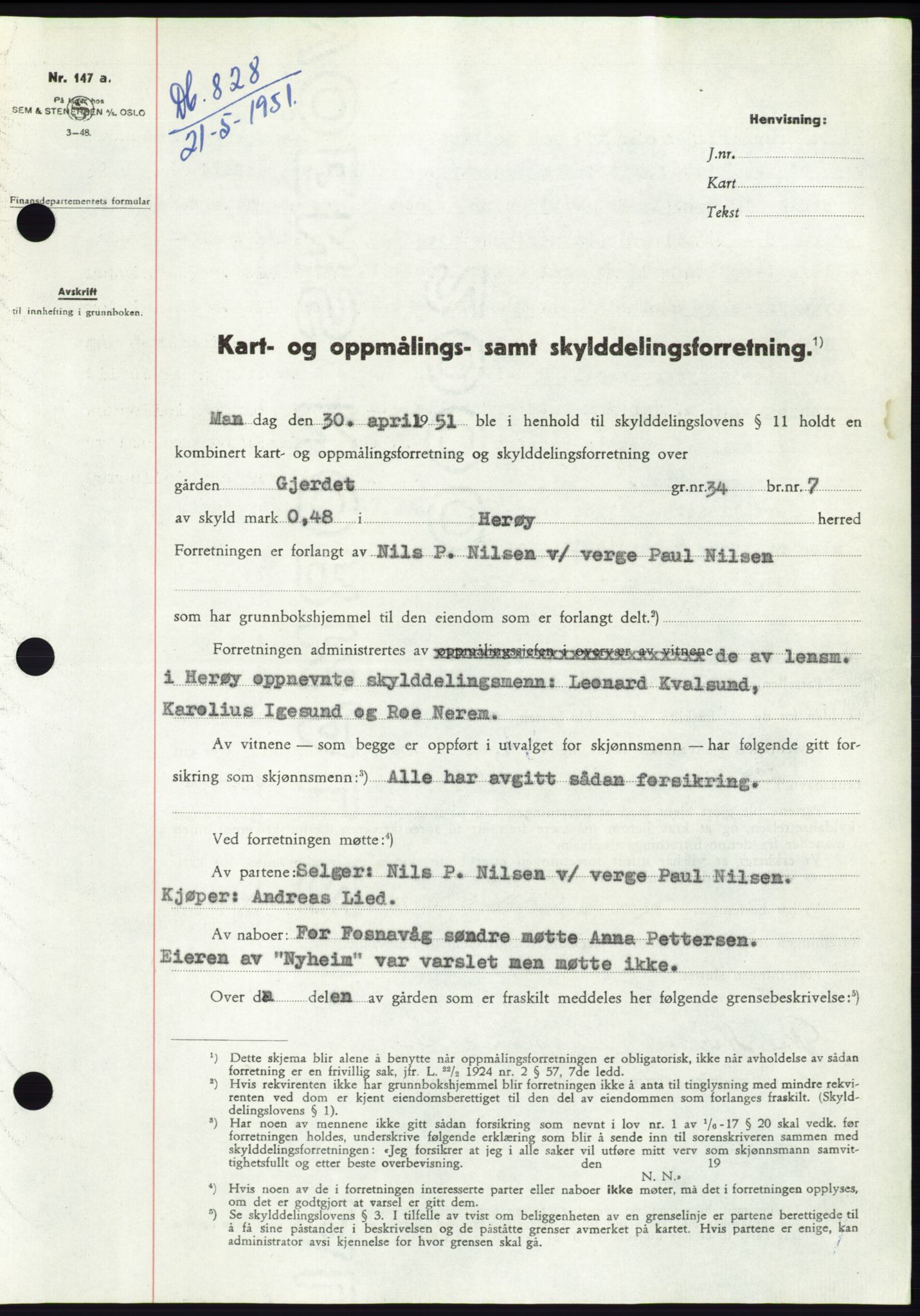 Søre Sunnmøre sorenskriveri, AV/SAT-A-4122/1/2/2C/L0089: Mortgage book no. 15A, 1951-1951, Diary no: : 828/1951