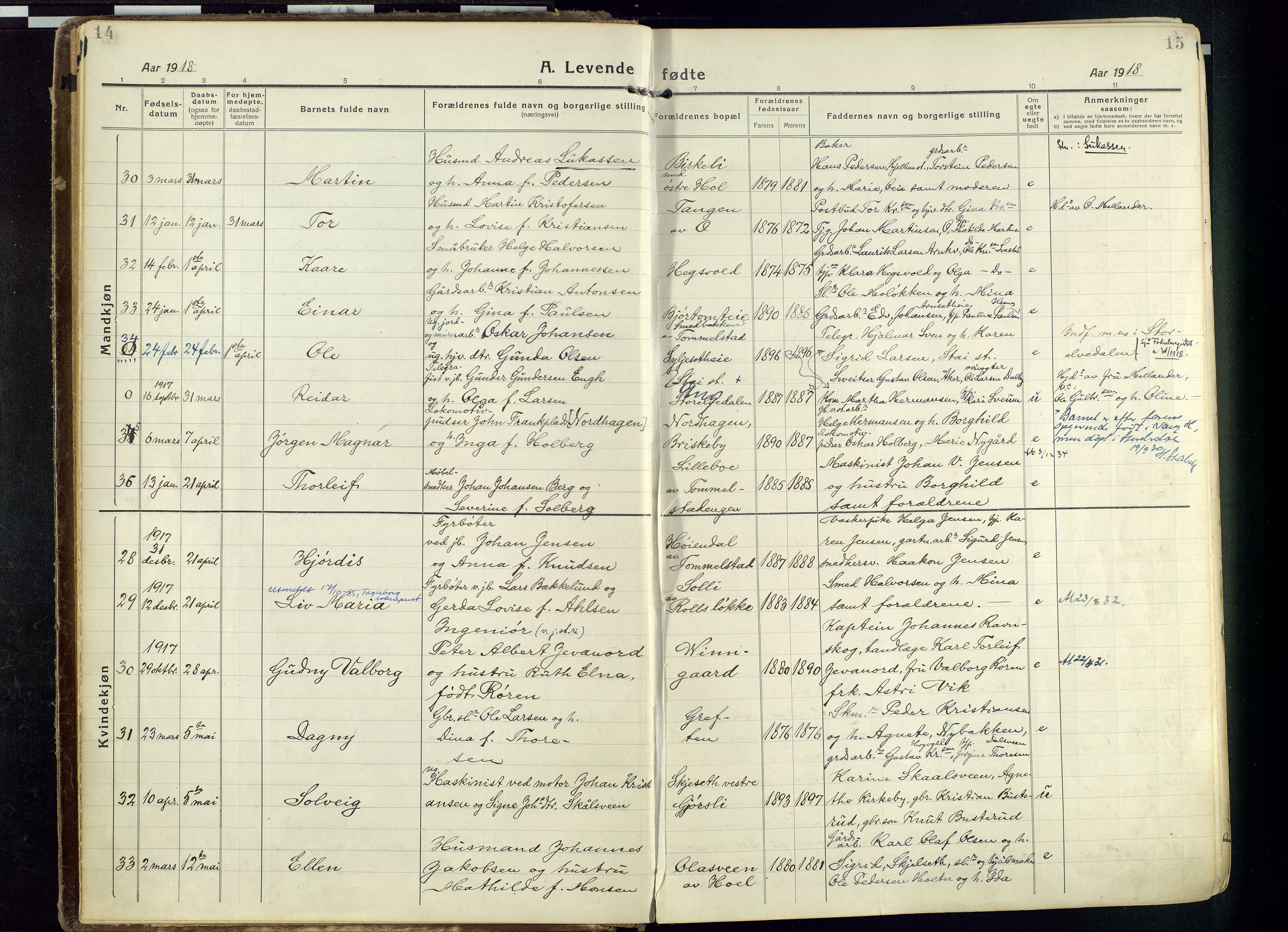 Vang prestekontor, Hedmark, AV/SAH-PREST-008/H/Ha/Haa/L0022: Parish register (official) no. 22, 1918-1944, p. 14-15