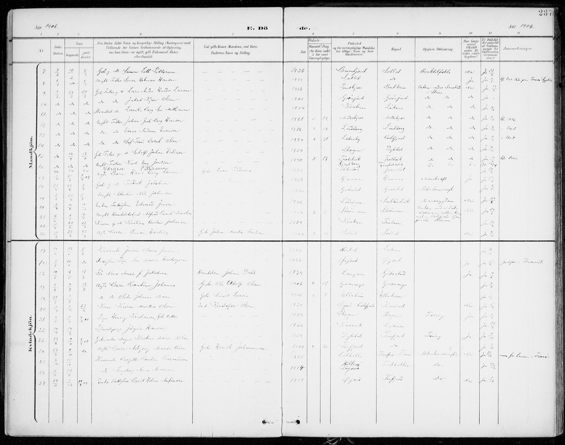 Lenvik sokneprestembete, AV/SATØ-S-1310/H/Ha/Haa/L0014kirke: Parish register (official) no. 14, 1899-1909, p. 237