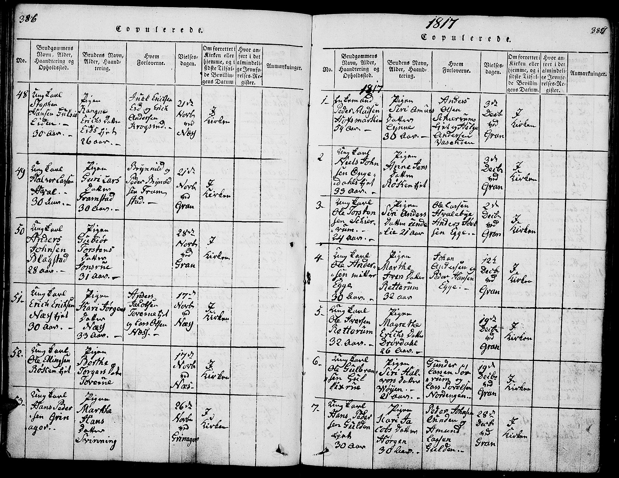Gran prestekontor, SAH/PREST-112/H/Ha/Hab/L0001: Parish register (copy) no. 1, 1815-1824, p. 386-387