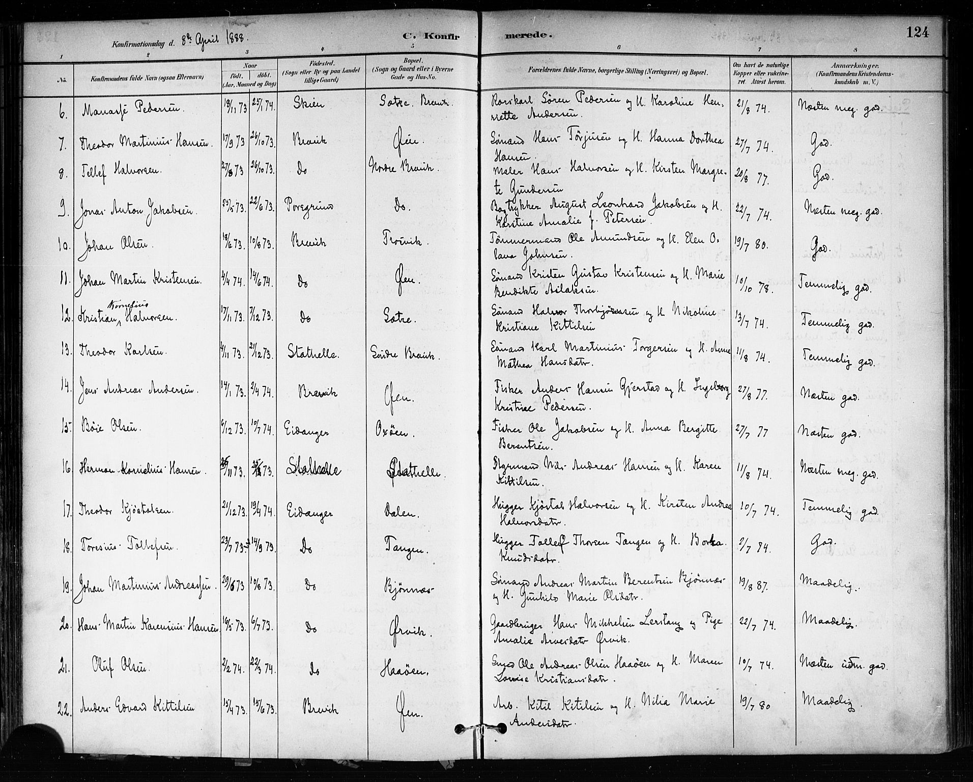 Brevik kirkebøker, SAKO/A-255/F/Fa/L0007: Parish register (official) no. 7, 1882-1900, p. 124