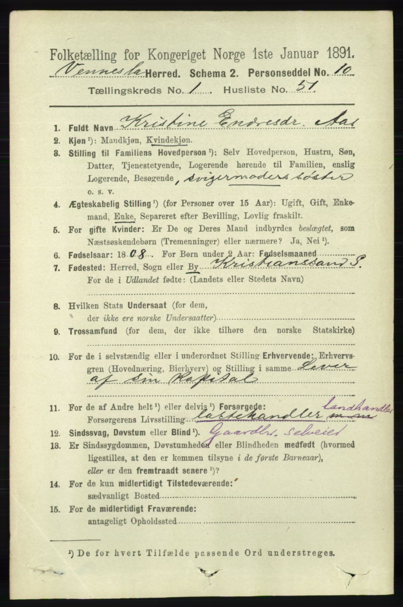 RA, 1891 census for 1014 Vennesla, 1891, p. 365