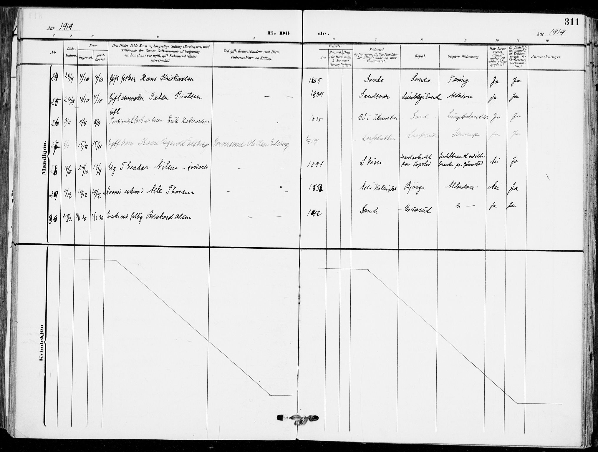 Sande Kirkebøker, AV/SAKO-A-53/F/Fa/L0008: Parish register (official) no. 8, 1904-1921, p. 311