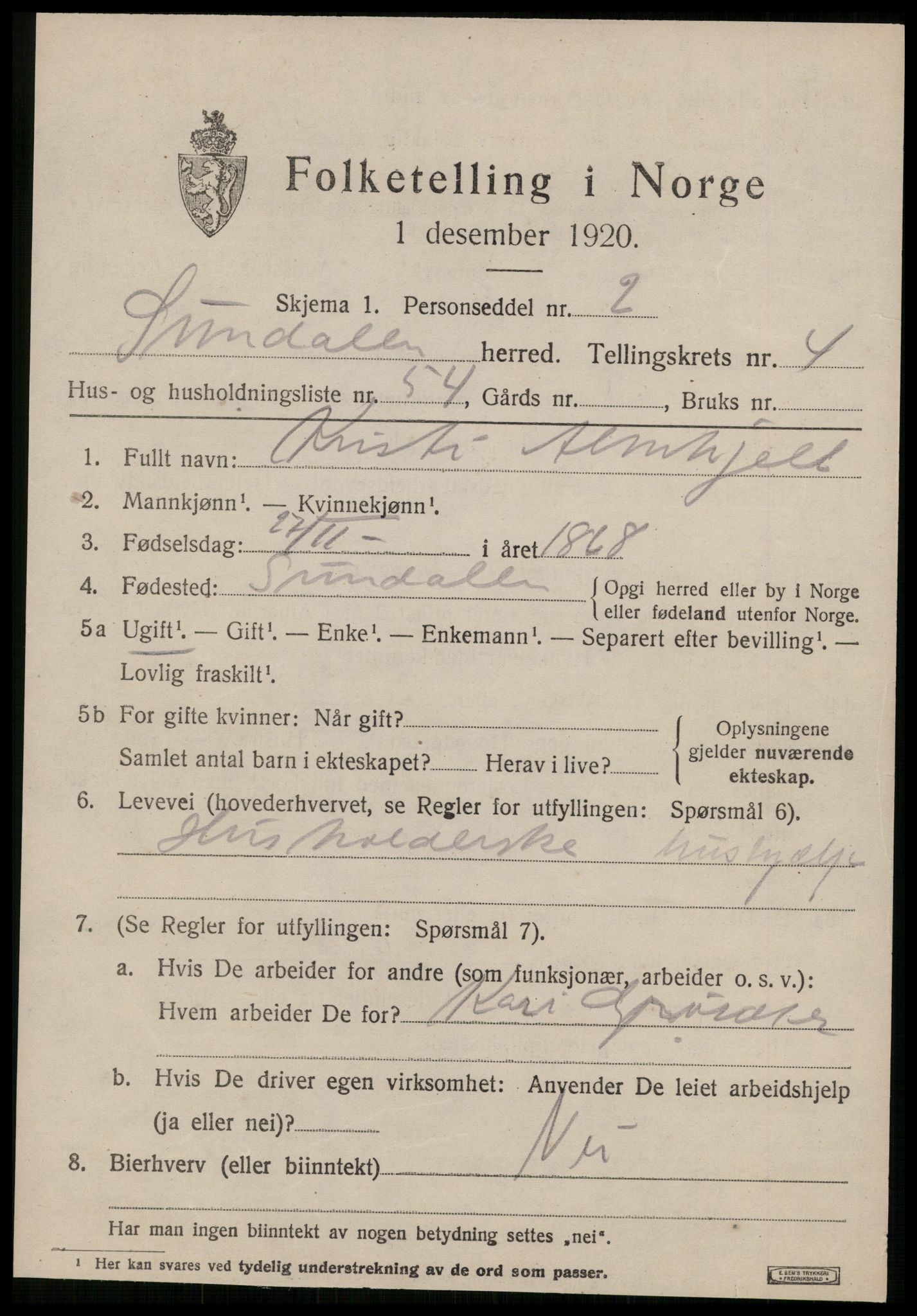 SAT, 1920 census for Sunndal, 1920, p. 3094