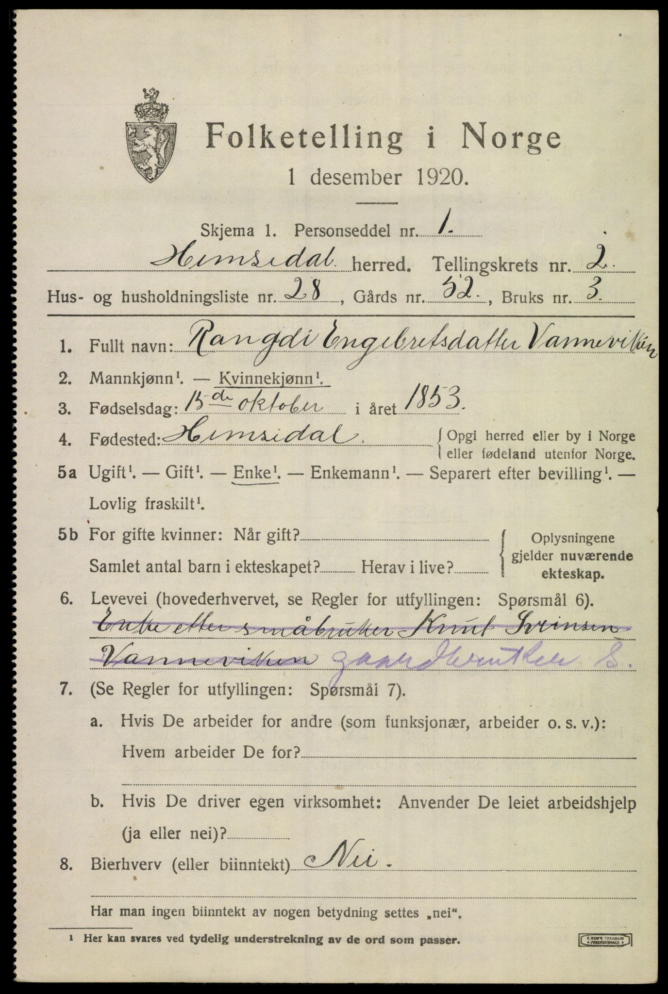 SAKO, 1920 census for Hemsedal, 1920, p. 980