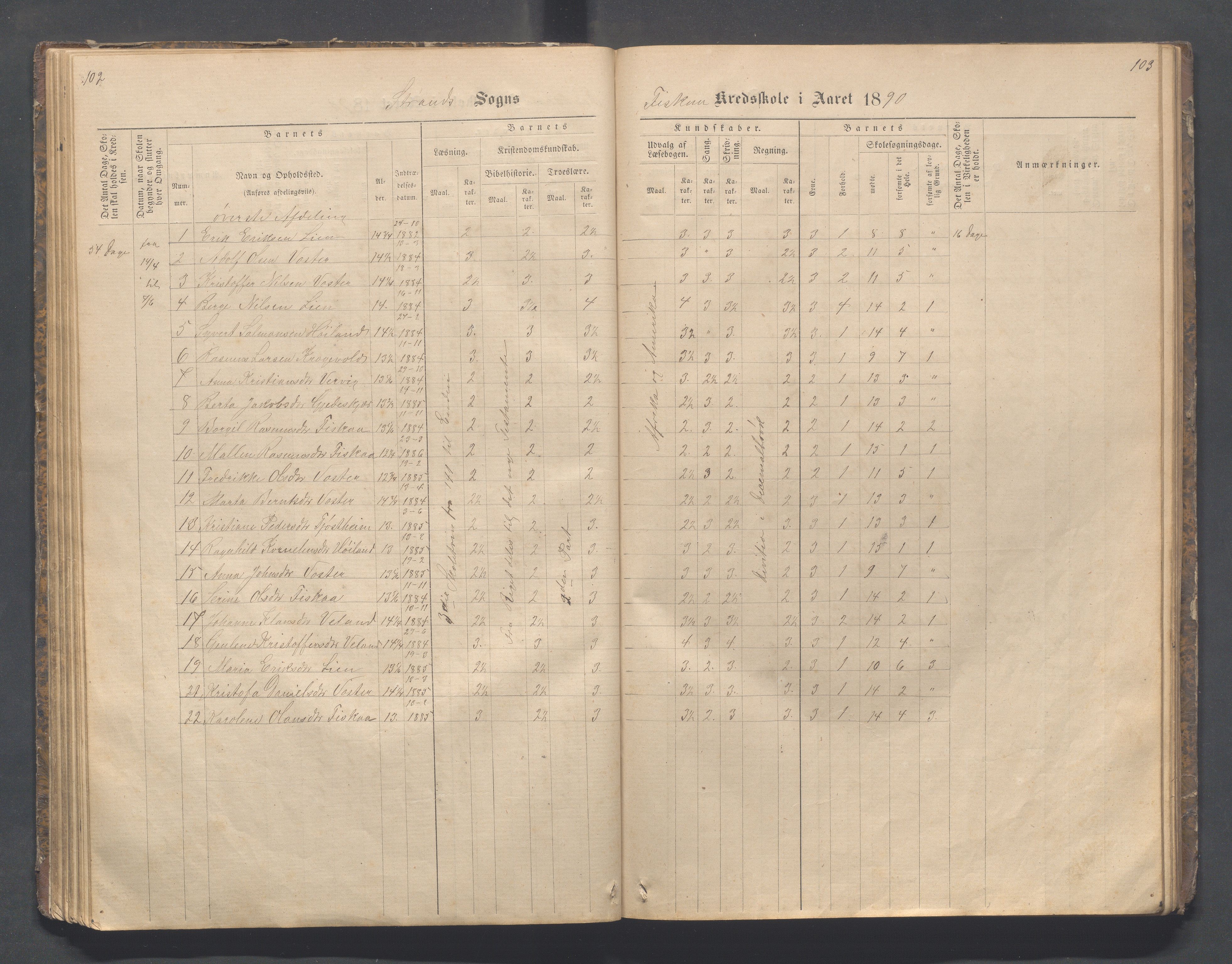 Strand kommune - Fiskå skole, IKAR/A-155/H/L0001: Skoleprotokoll for Krogevoll,Fiskå, Amdal og Vatland krets, 1874-1891, p. 102-103