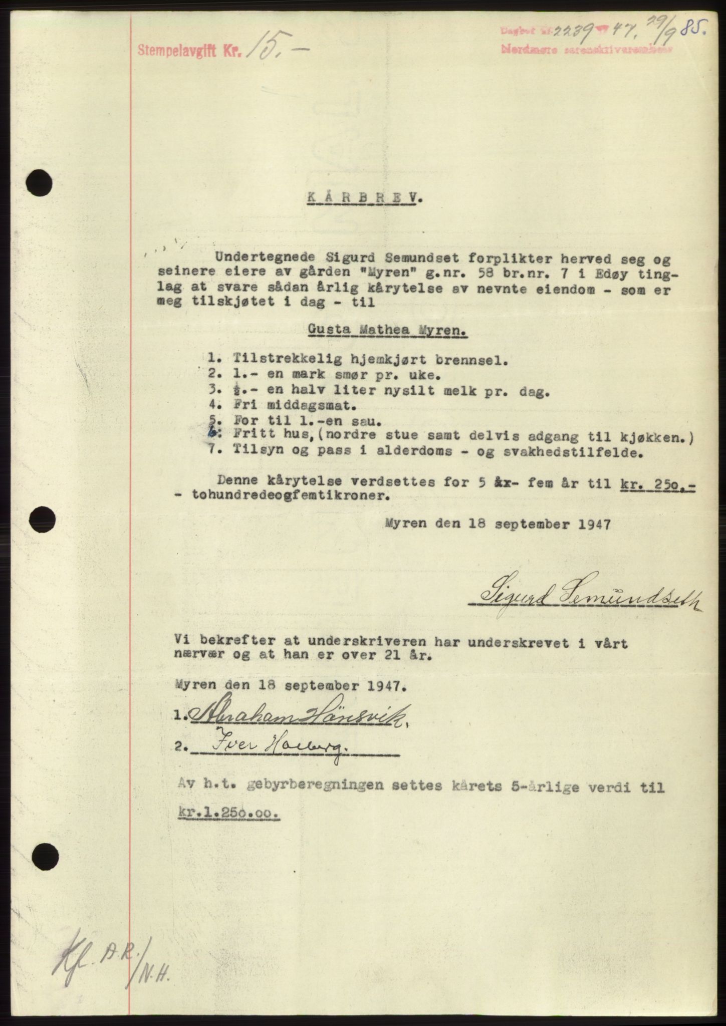 Nordmøre sorenskriveri, AV/SAT-A-4132/1/2/2Ca: Mortgage book no. B97, 1947-1948, Diary no: : 2239/1947