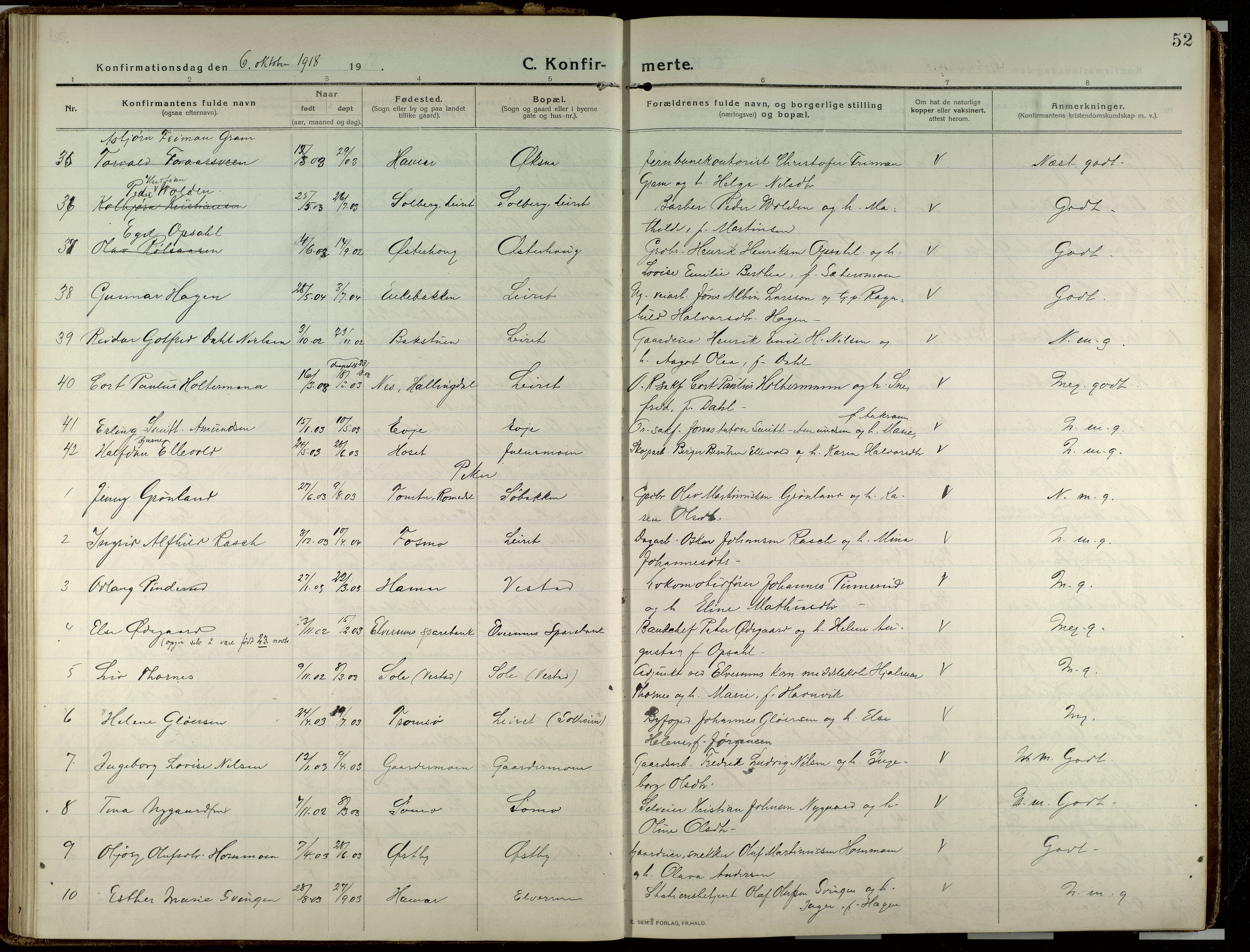 Elverum prestekontor, AV/SAH-PREST-044/H/Ha/Haa/L0023: Parish register (official) no. 23, 1914-1929, p. 52