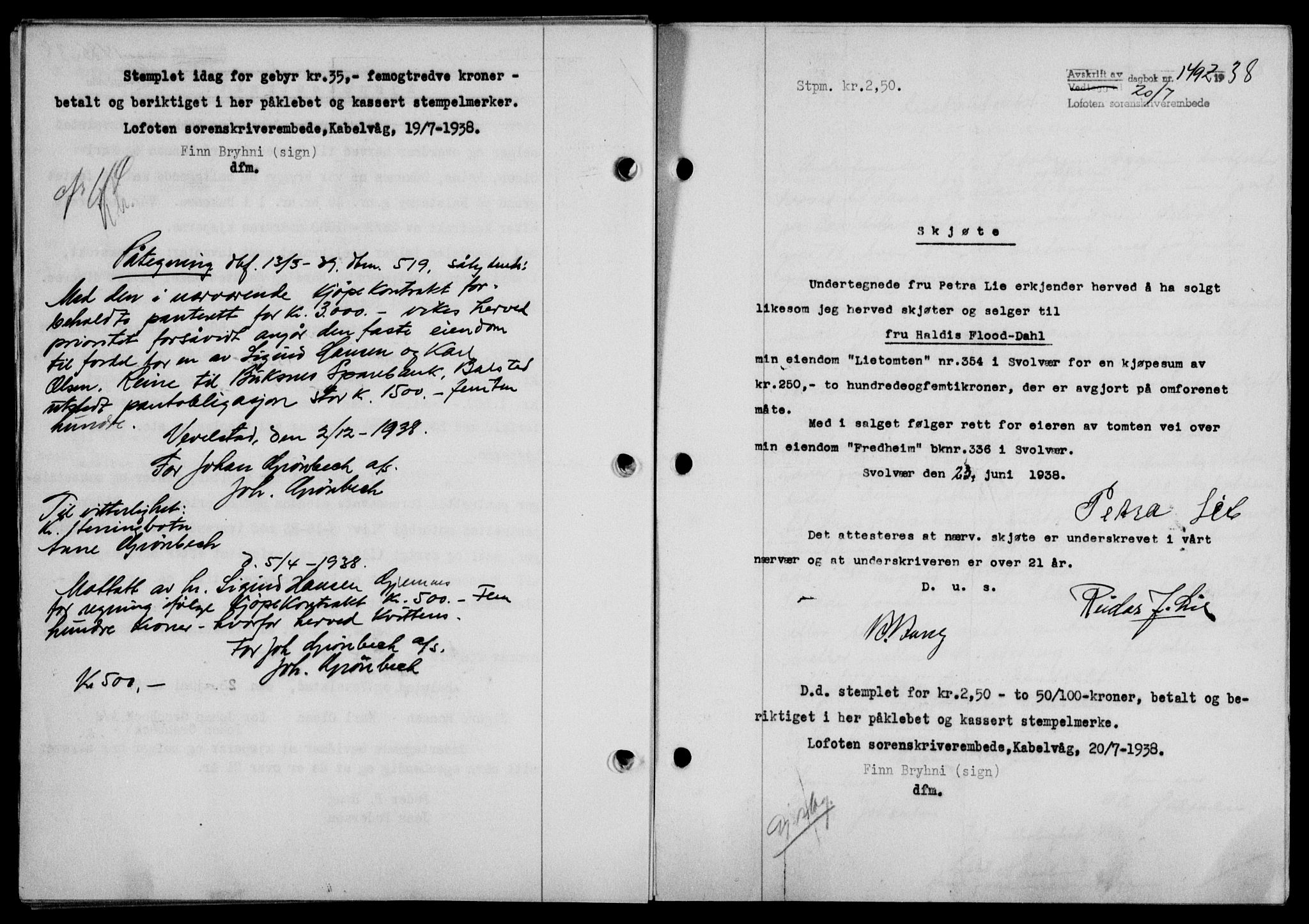 Lofoten sorenskriveri, SAT/A-0017/1/2/2C/L0004a: Mortgage book no. 4a, 1938-1938, Diary no: : 1492/1938
