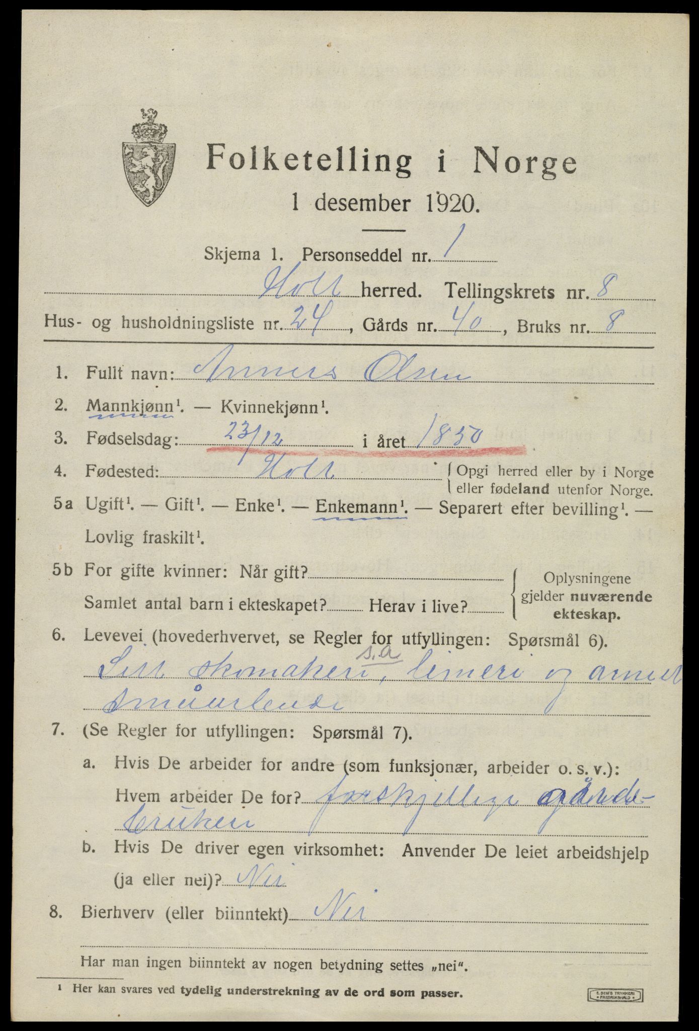 SAK, 1920 census for Holt, 1920, p. 5202