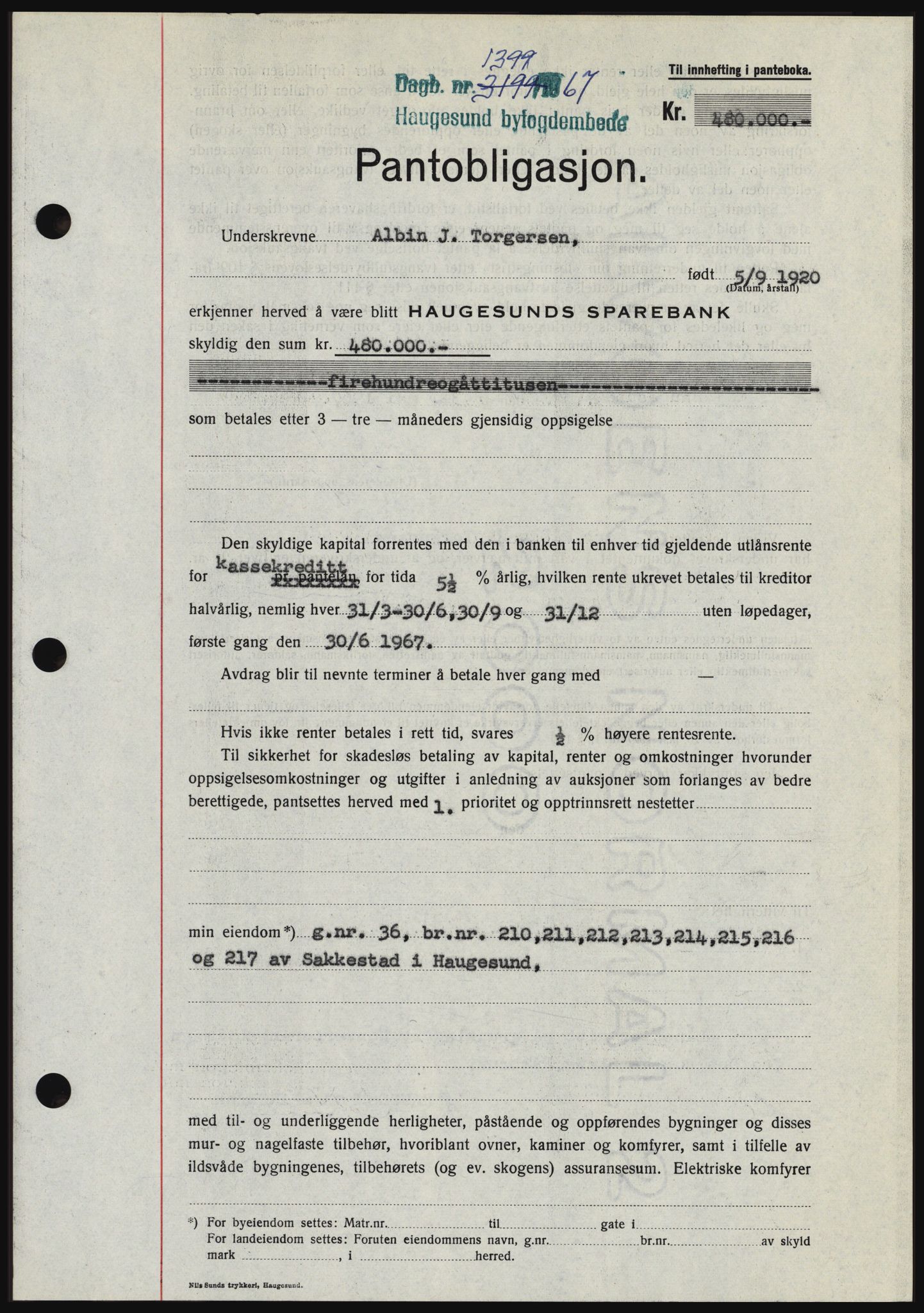 Haugesund tingrett, SAST/A-101415/01/II/IIC/L0056: Mortgage book no. B 56, 1966-1967, Diary no: : 1399/1967
