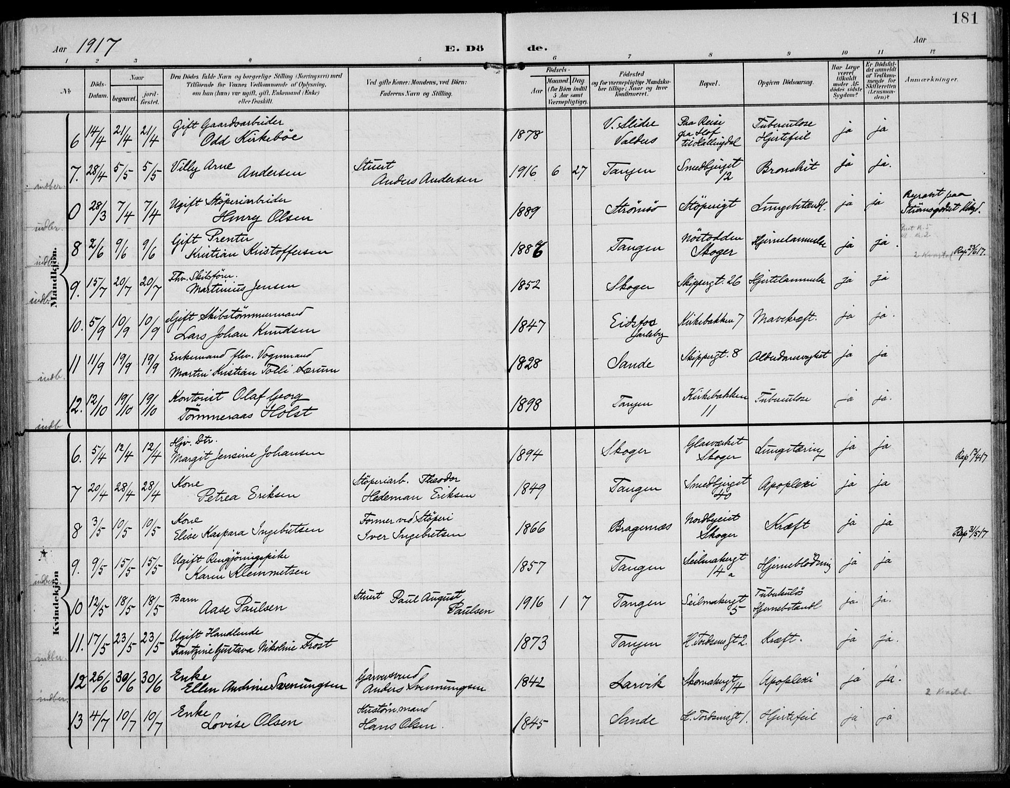 Strømsø kirkebøker, AV/SAKO-A-246/F/Fb/L0008: Parish register (official) no. II 8, 1902-1933, p. 181