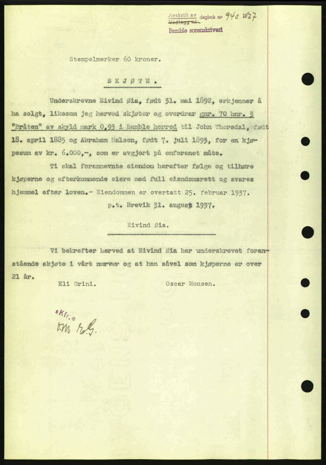 Bamble sorenskriveri, AV/SAKO-A-214/G/Ga/Gag/L0002: Mortgage book no. A-2, 1937-1938, Diary no: : 939/1937