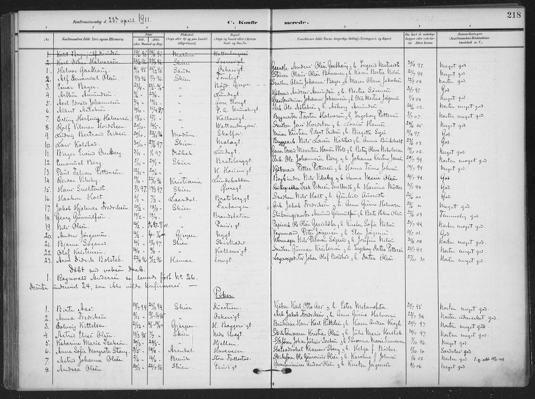 Skien kirkebøker, SAKO/A-302/F/Fa/L0012: Parish register (official) no. 12, 1908-1914, p. 218