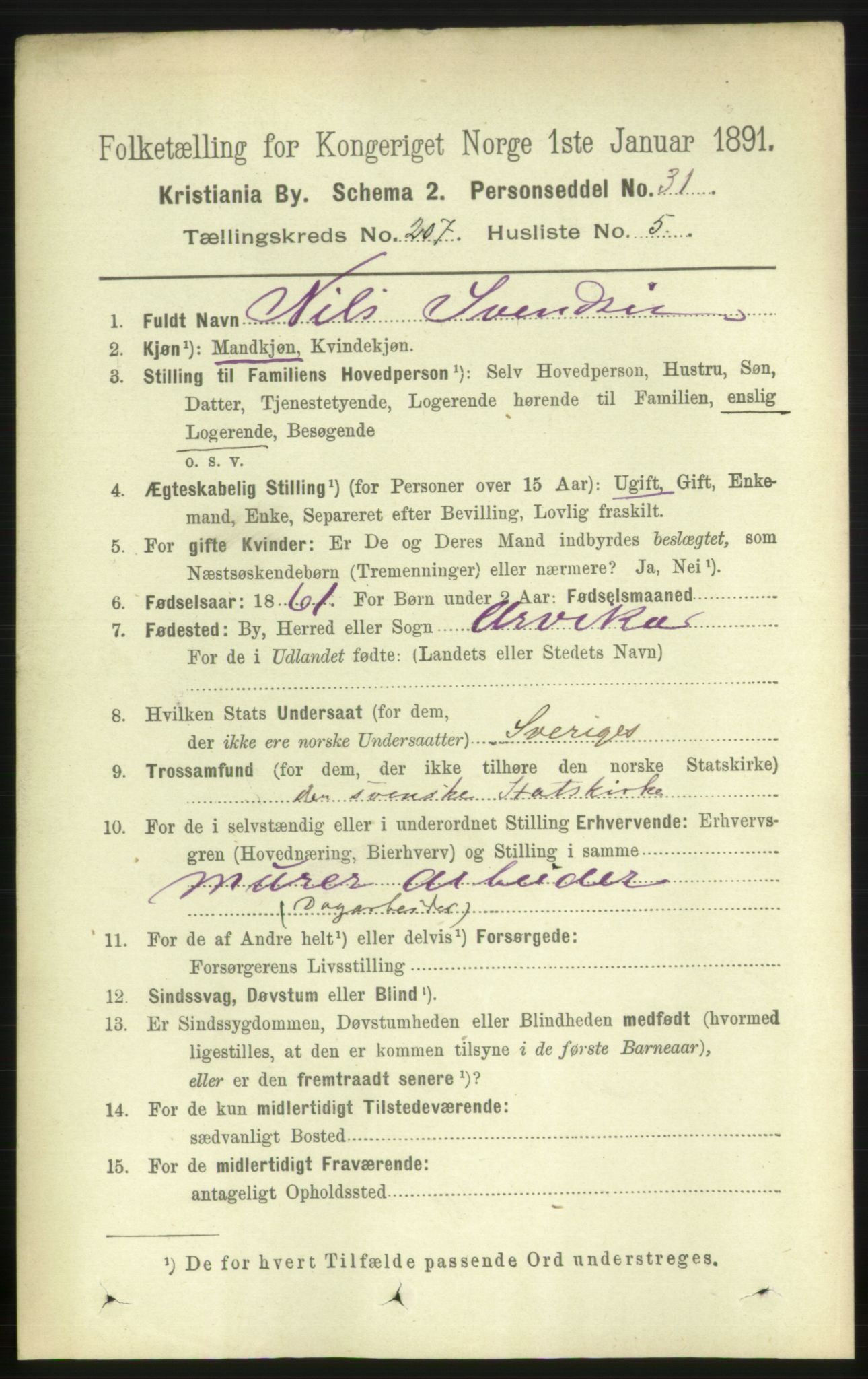 RA, 1891 census for 0301 Kristiania, 1891, p. 124494