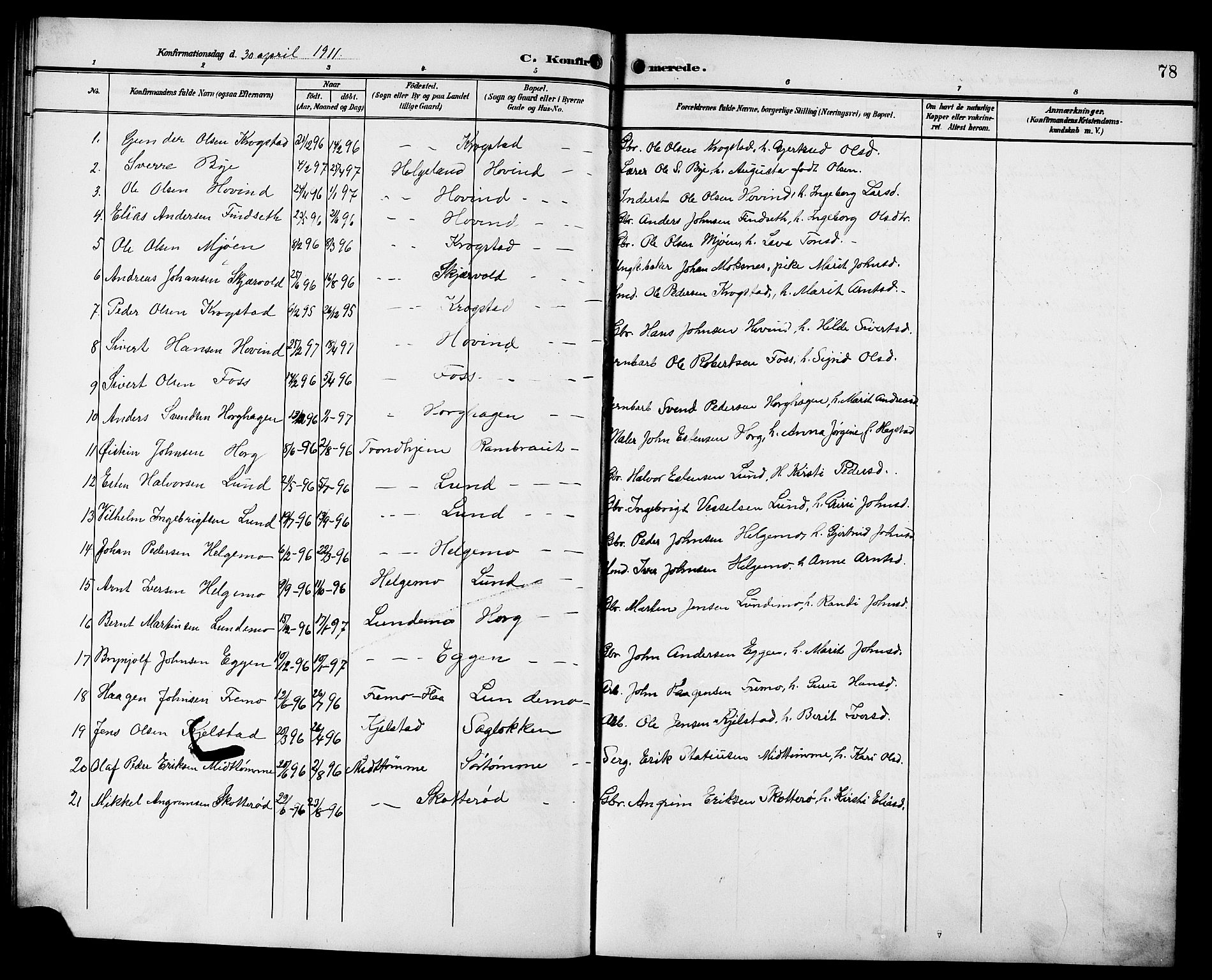 Ministerialprotokoller, klokkerbøker og fødselsregistre - Sør-Trøndelag, AV/SAT-A-1456/692/L1112: Parish register (copy) no. 692C07, 1904-1918, p. 78