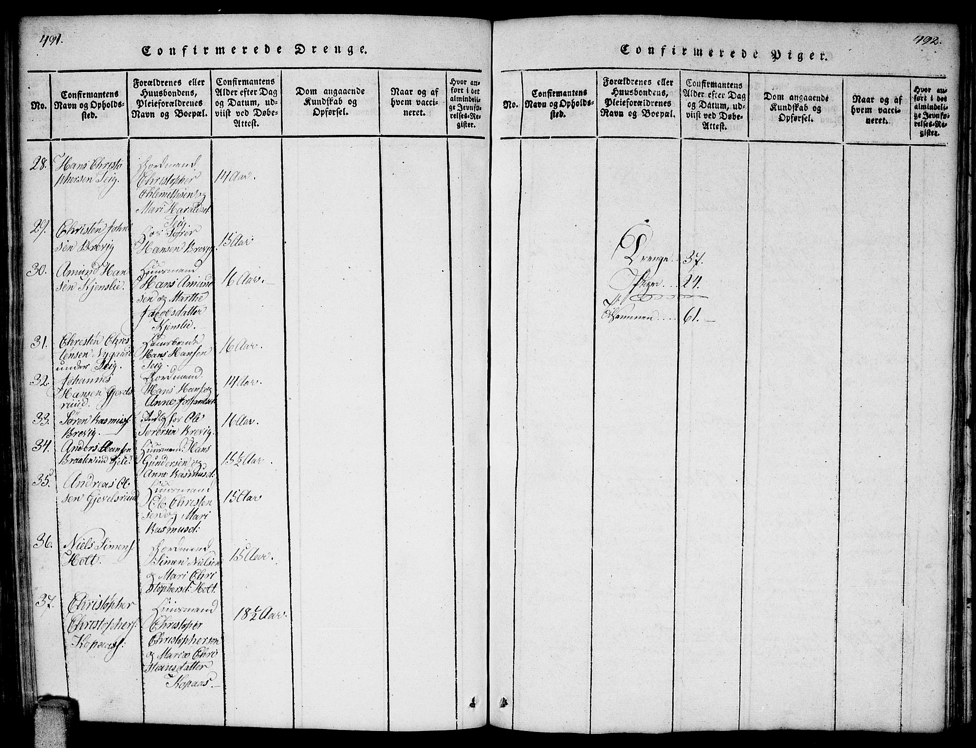 Enebakk prestekontor Kirkebøker, AV/SAO-A-10171c/F/Fa/L0006: Parish register (official) no. I 6, 1815-1832, p. 491-492