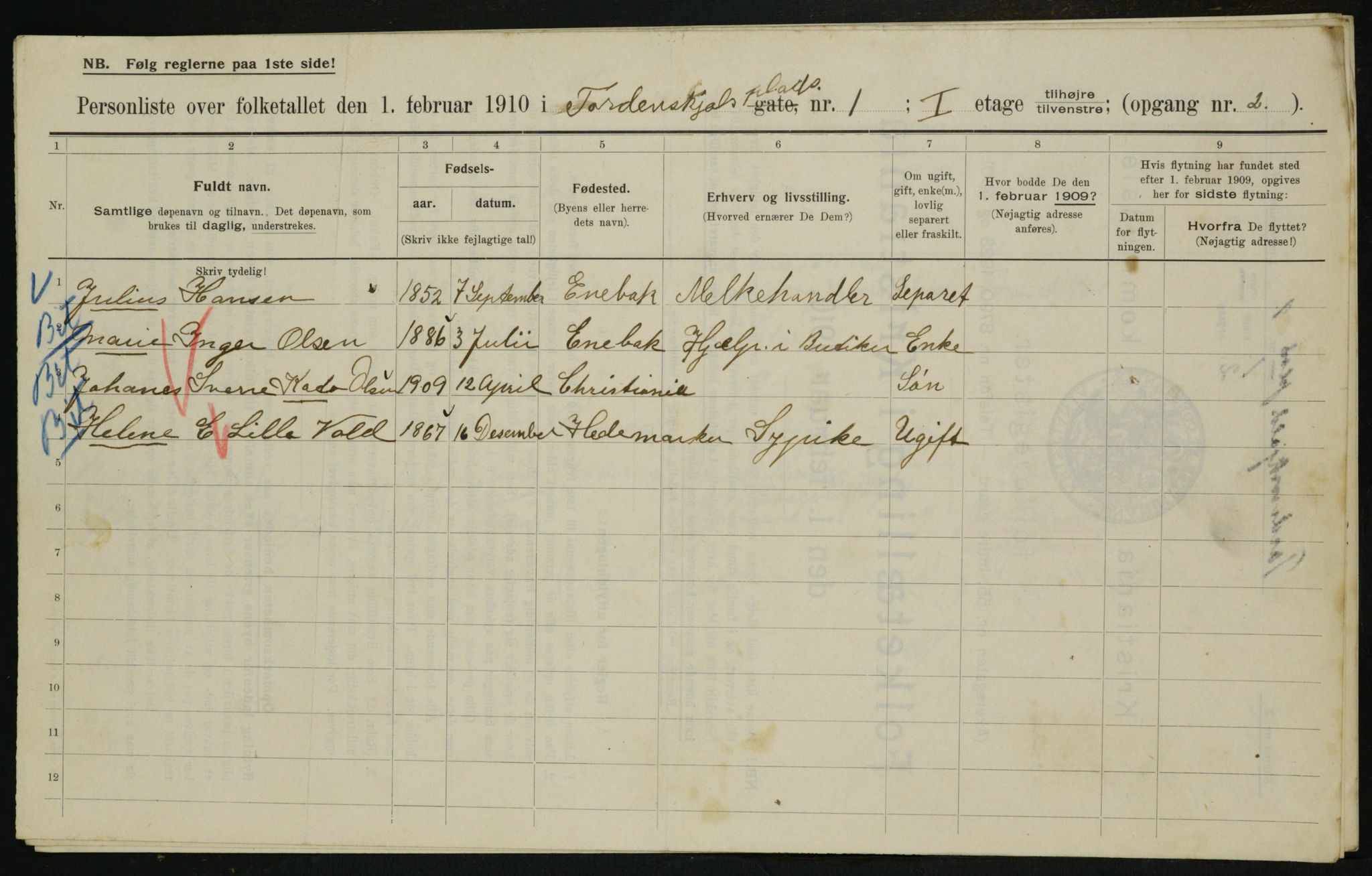 OBA, Municipal Census 1910 for Kristiania, 1910, p. 108034