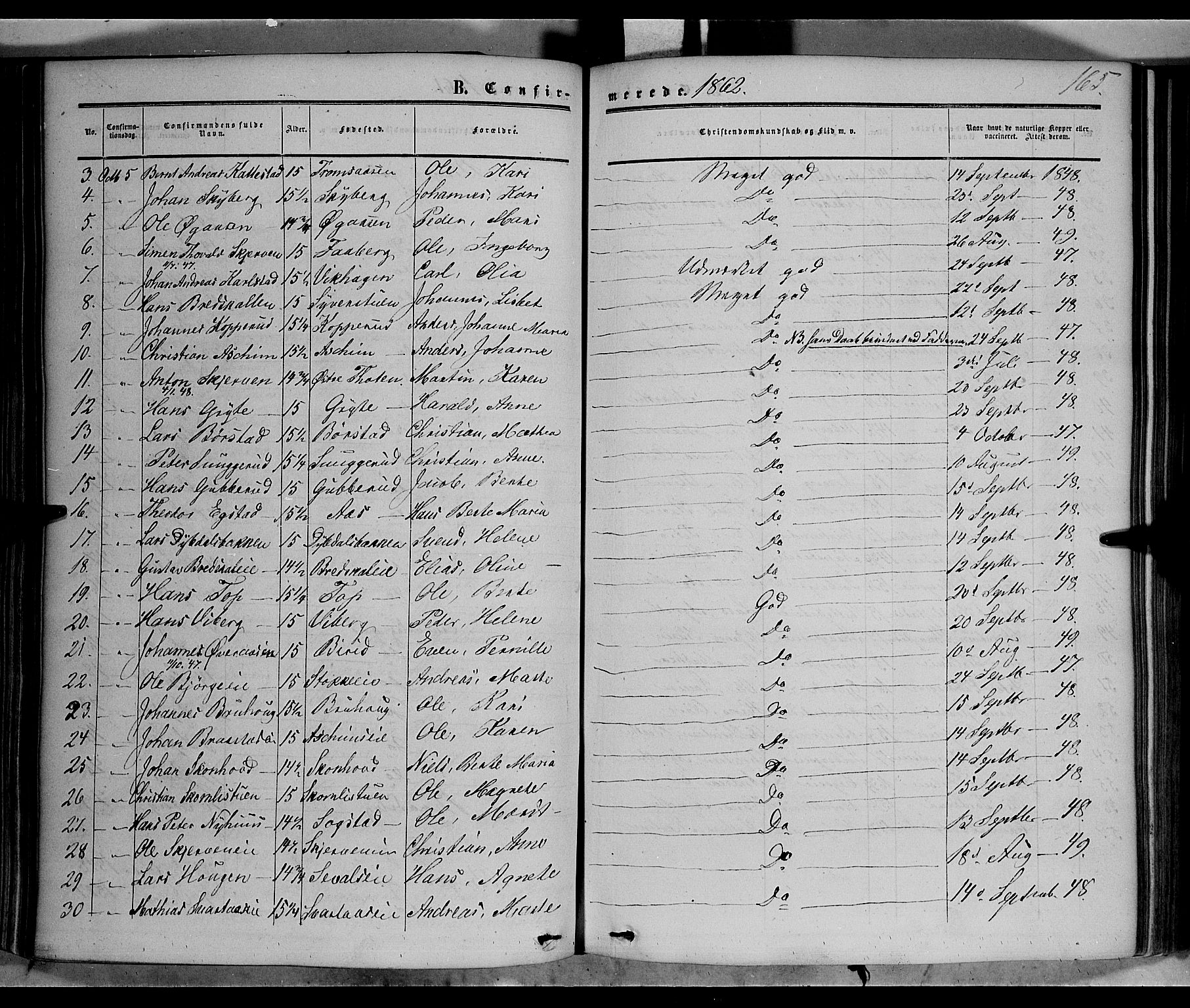 Vardal prestekontor, SAH/PREST-100/H/Ha/Haa/L0006: Parish register (official) no. 6, 1854-1866, p. 165