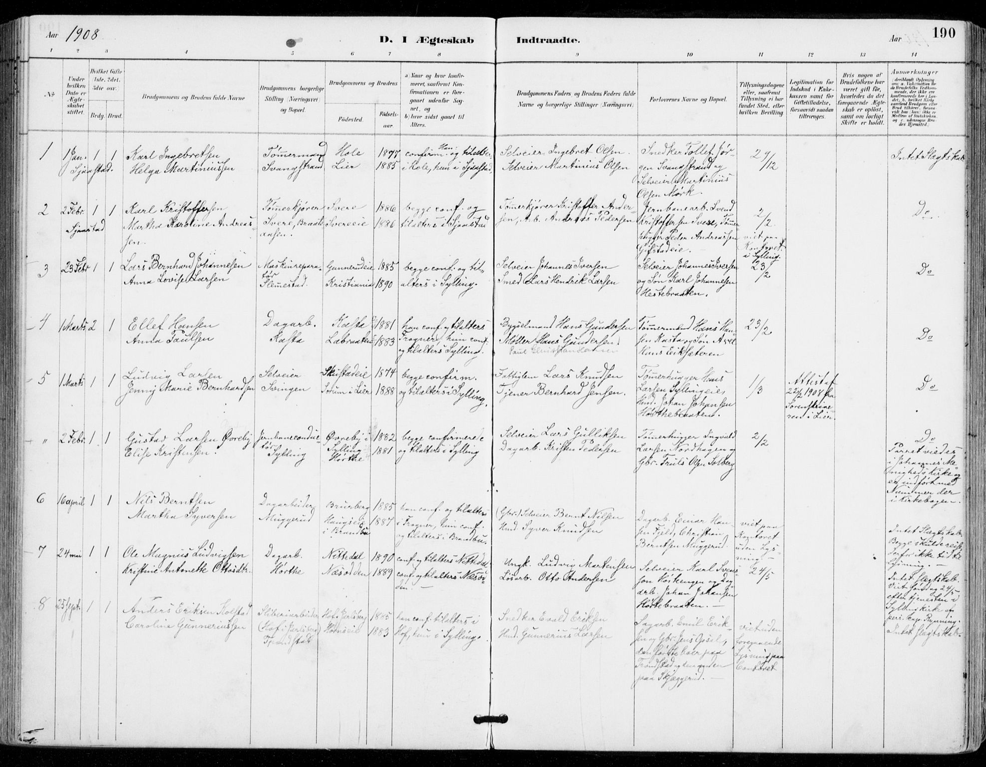 Sylling kirkebøker, SAKO/A-247/F/Fa/L0001: Parish register (official) no. 1, 1883-1910, p. 190