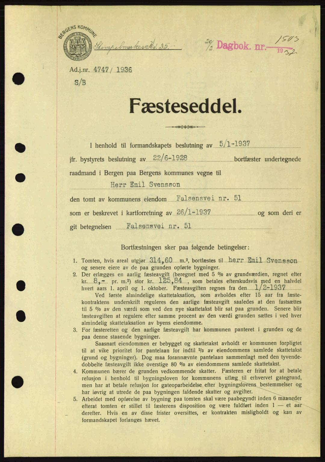 Byfogd og Byskriver i Bergen, SAB/A-3401/03/03Bc/L0004: Mortgage book no. A3-4, 1936-1937, Diary no: : 1503/1937