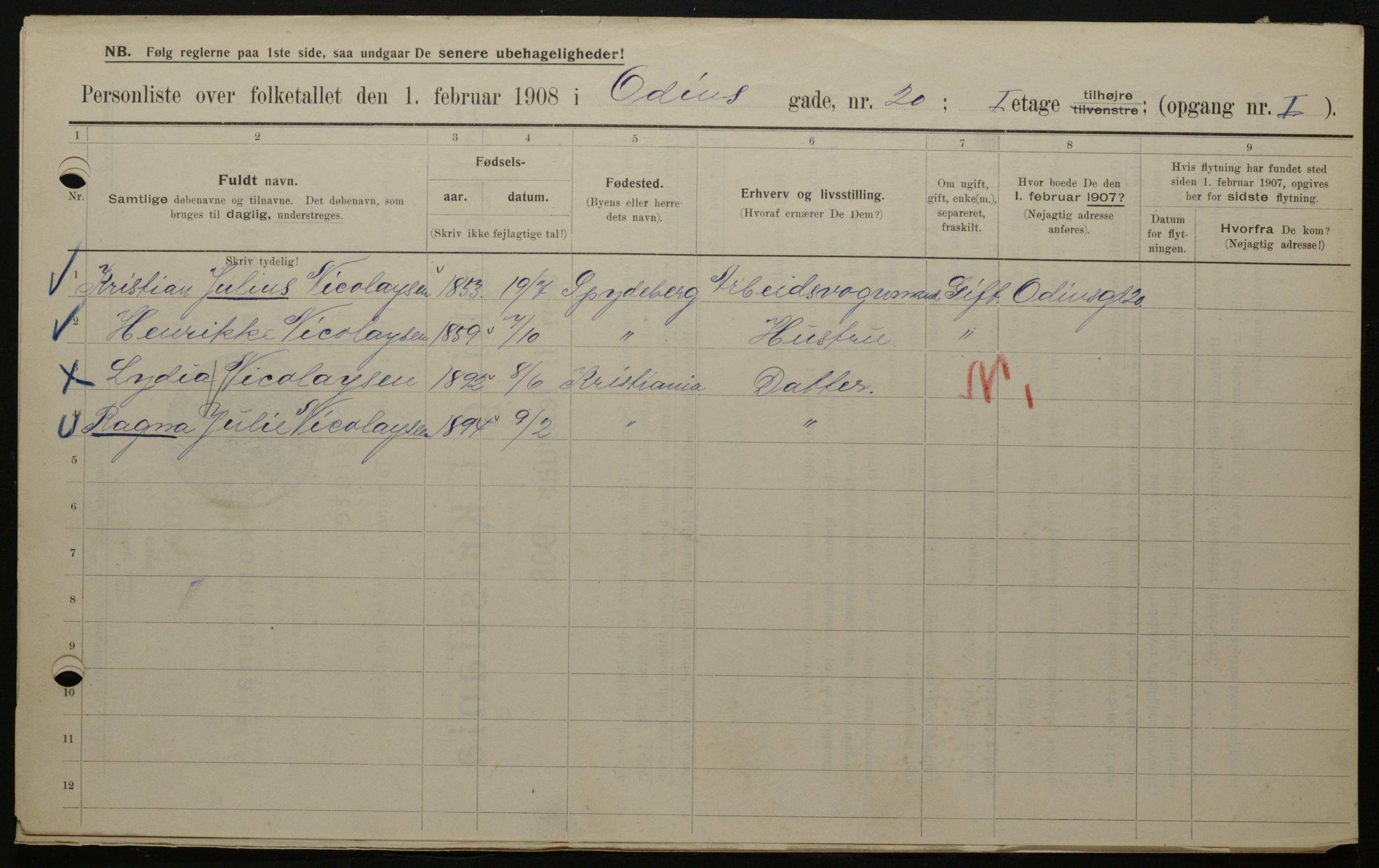 OBA, Municipal Census 1908 for Kristiania, 1908, p. 67311