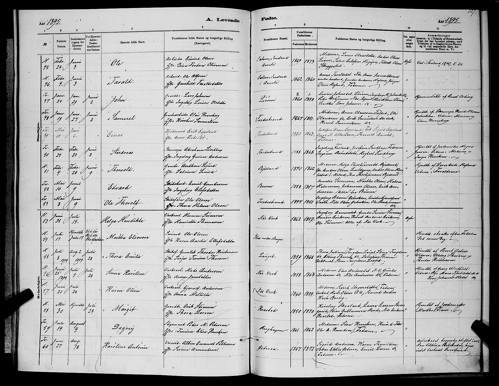 Holt sokneprestkontor, AV/SAK-1111-0021/F/Fb/L0010: Parish register (copy) no. B 10, 1883-1896, p. 127