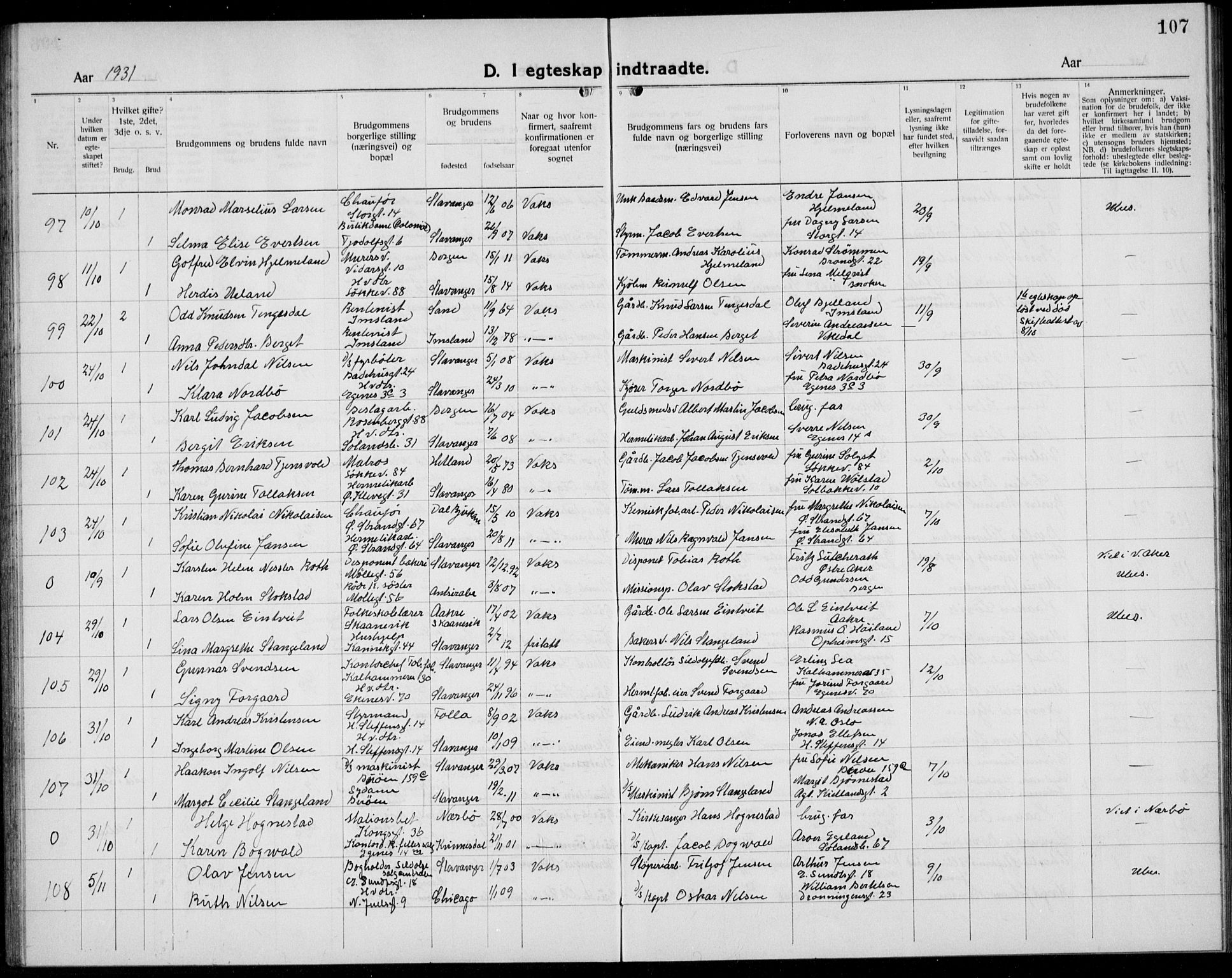 Domkirken sokneprestkontor, AV/SAST-A-101812/001/30/30BB/L0020: Parish register (copy) no. B 20, 1921-1937, p. 107