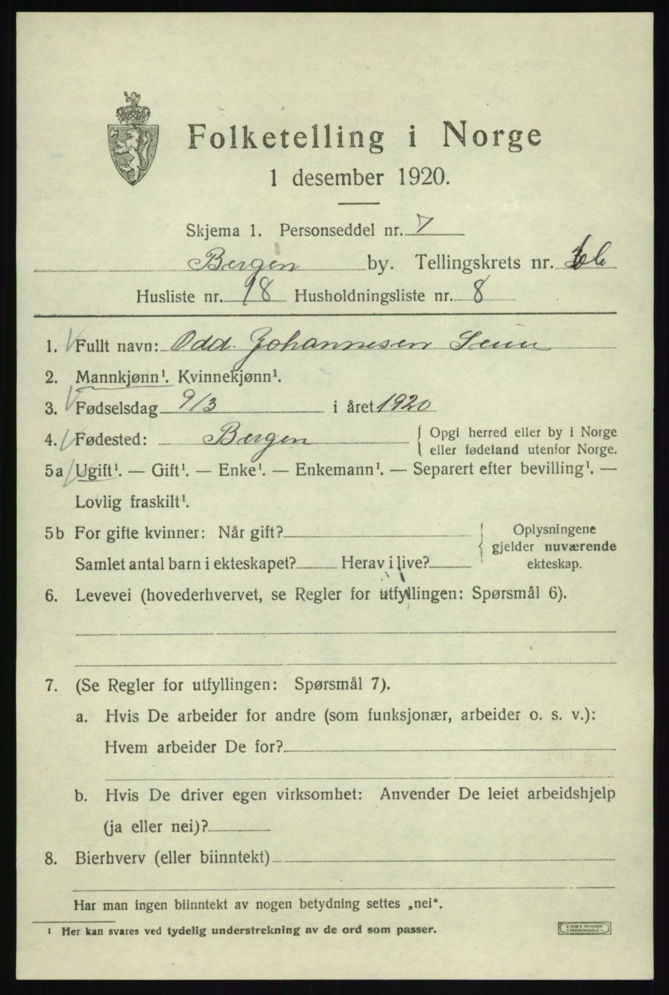 SAB, 1920 census for Bergen, 1920, p. 134678