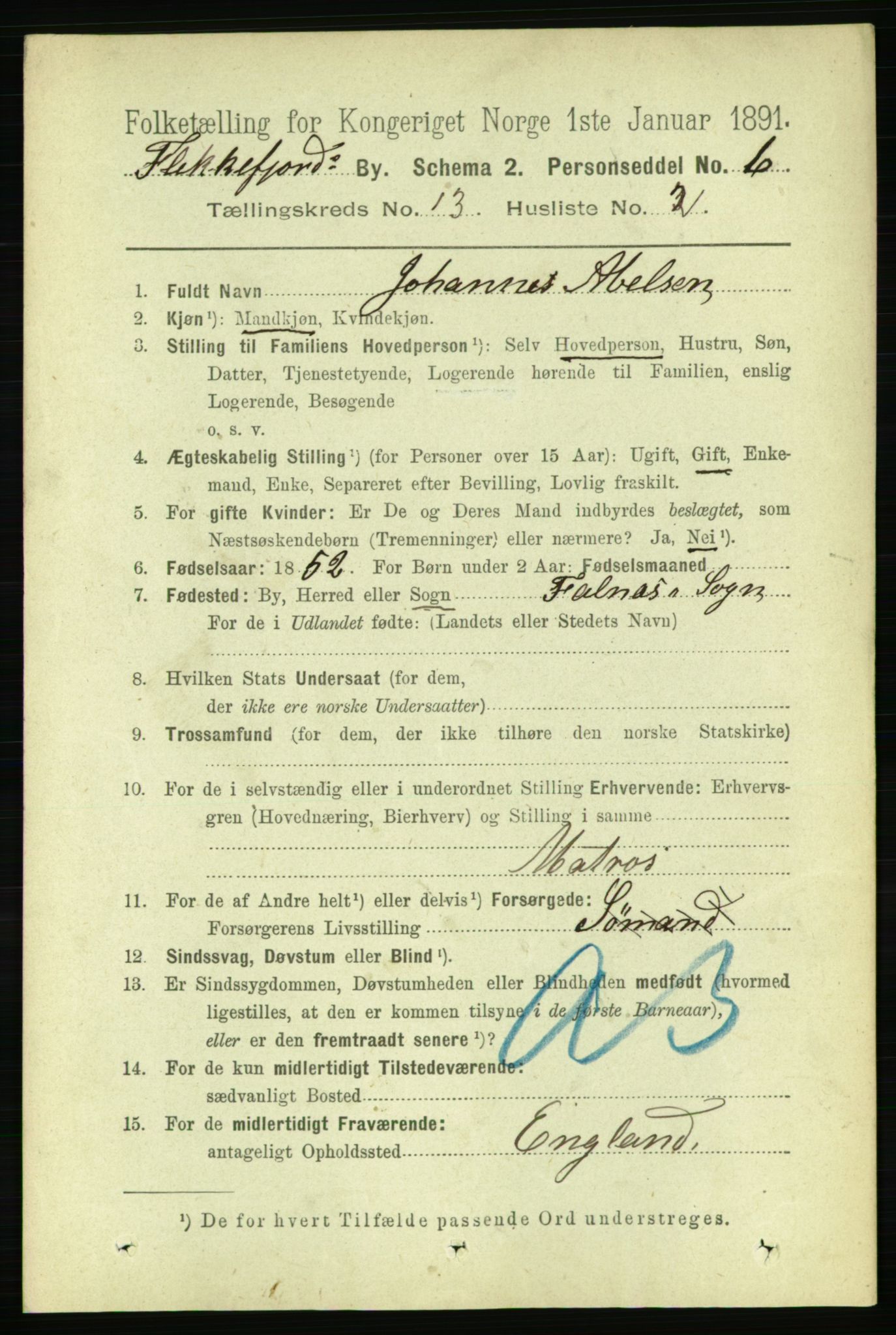 RA, 1891 census for 1004 Flekkefjord, 1891, p. 1787