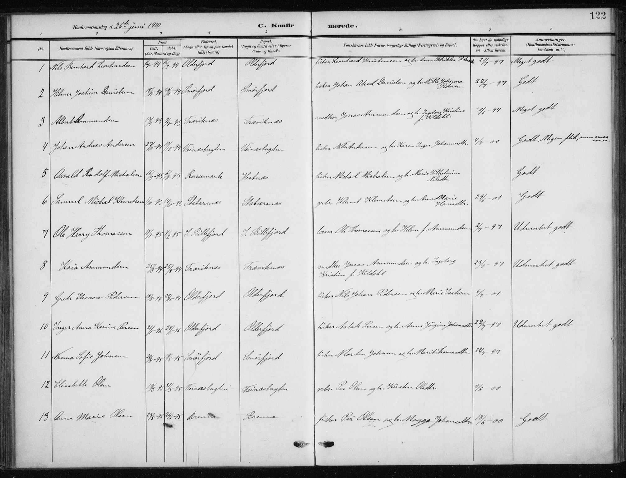 Kistrand/Porsanger sokneprestembete, AV/SATØ-S-1351/H/Ha/L0014.kirke: Parish register (official) no. 14, 1908-1917, p. 122