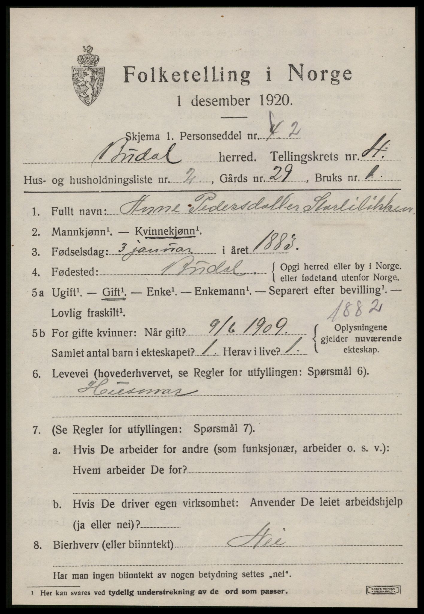 SAT, 1920 census for Budal, 1920, p. 1072