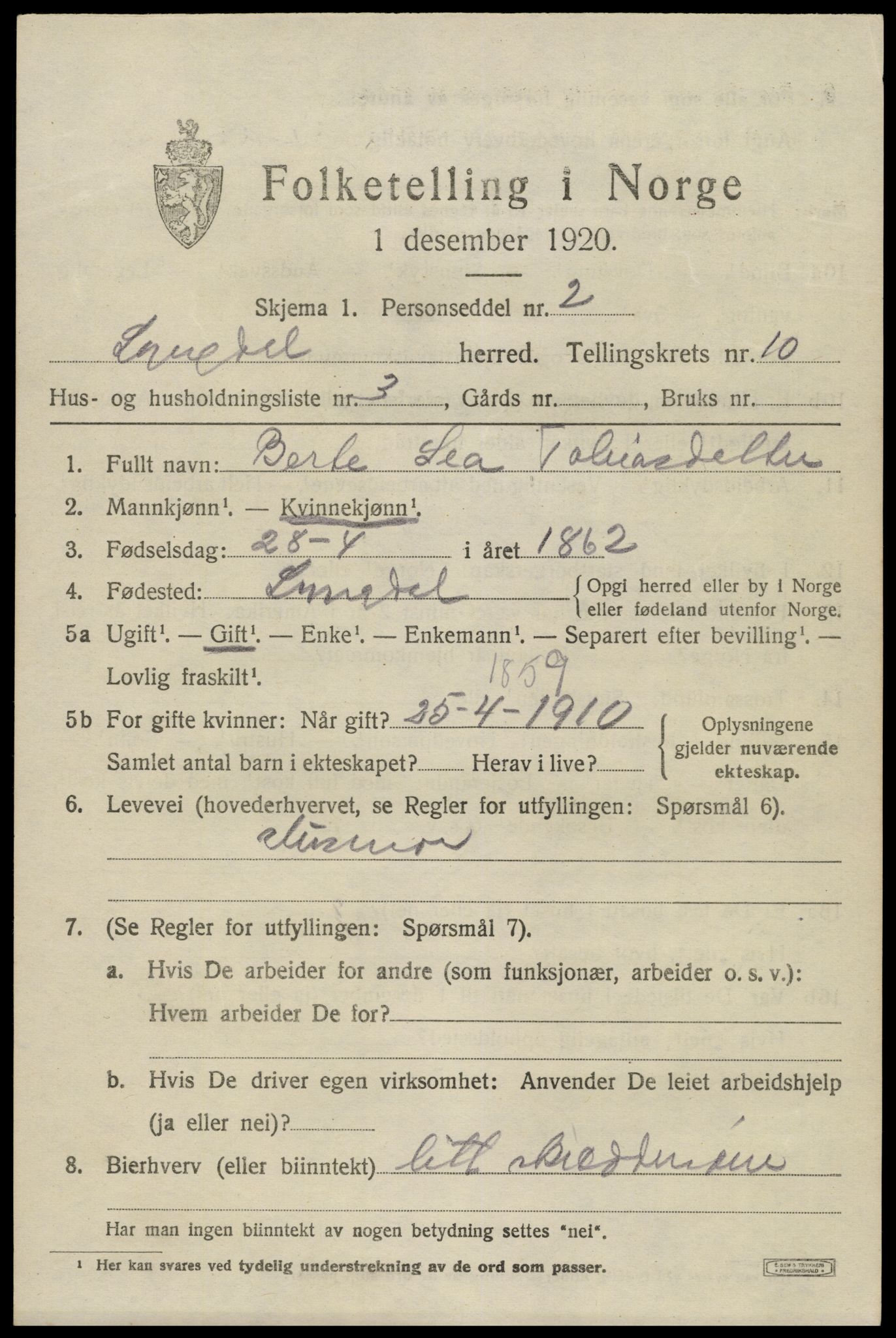 SAK, 1920 census for Lyngdal, 1920, p. 4885